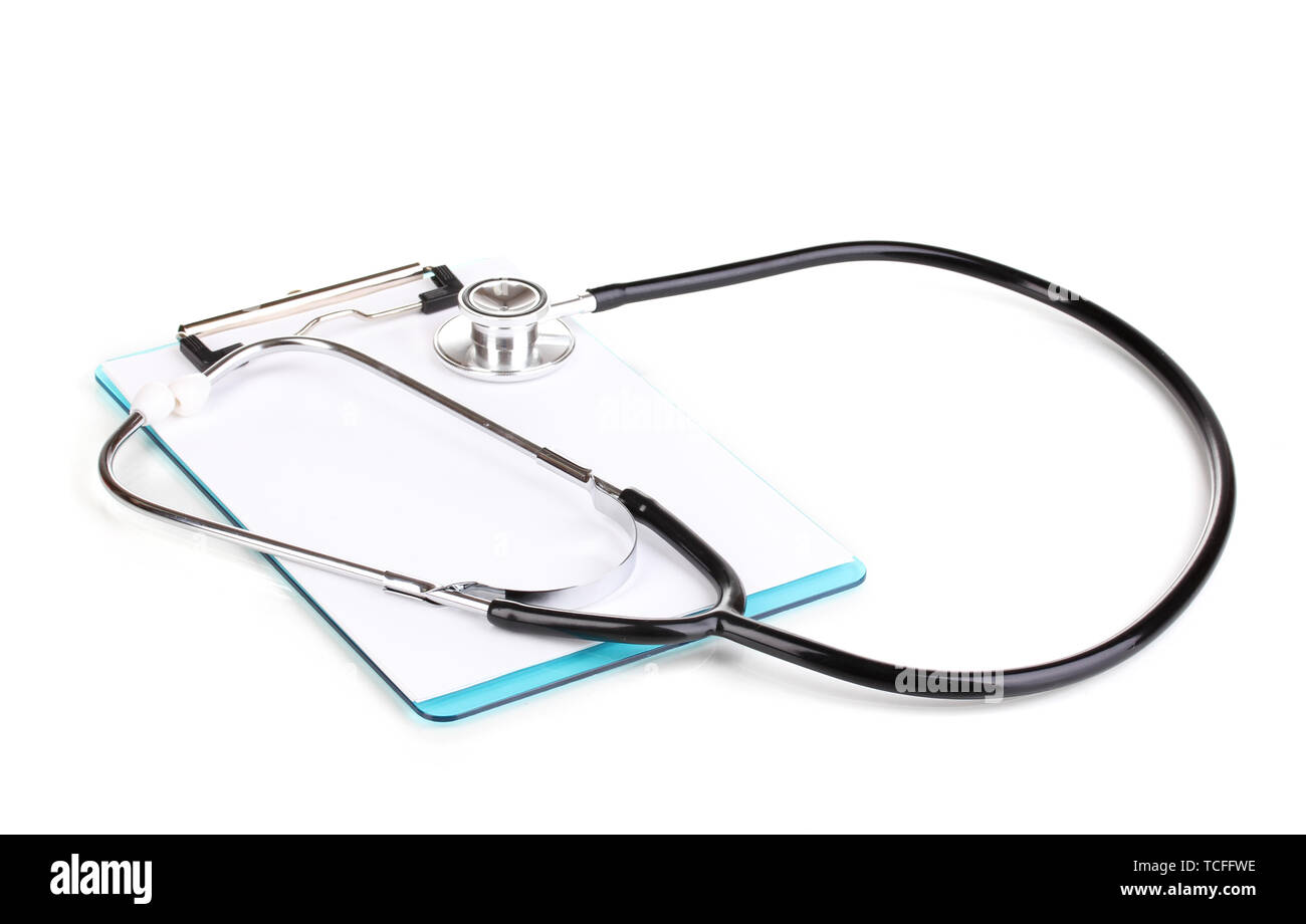 Stethoscope and blank clipboard isolated on white Stock Photo - Alamy