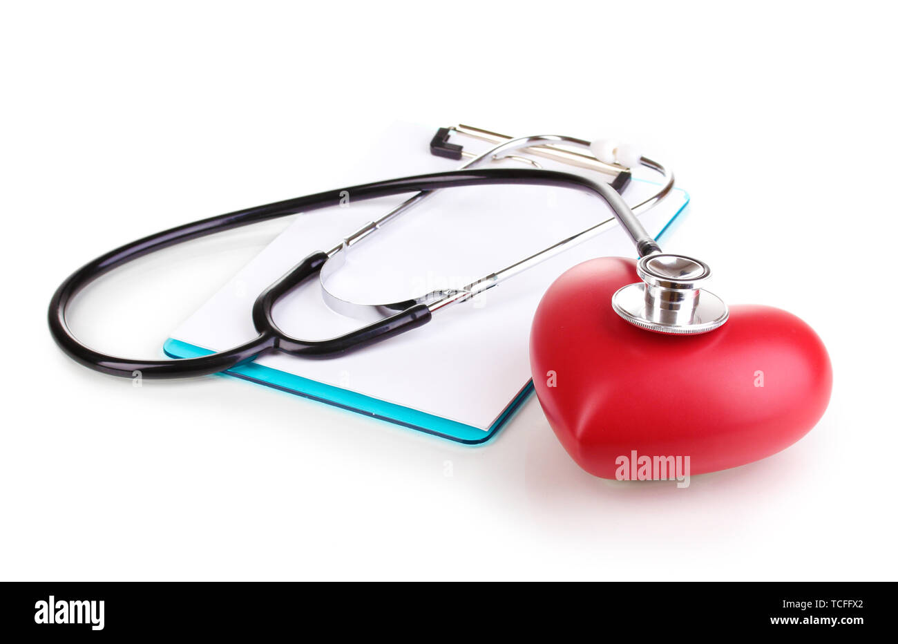 Stethoscope, heart and blank clipboard isolated on white Stock Photo ...