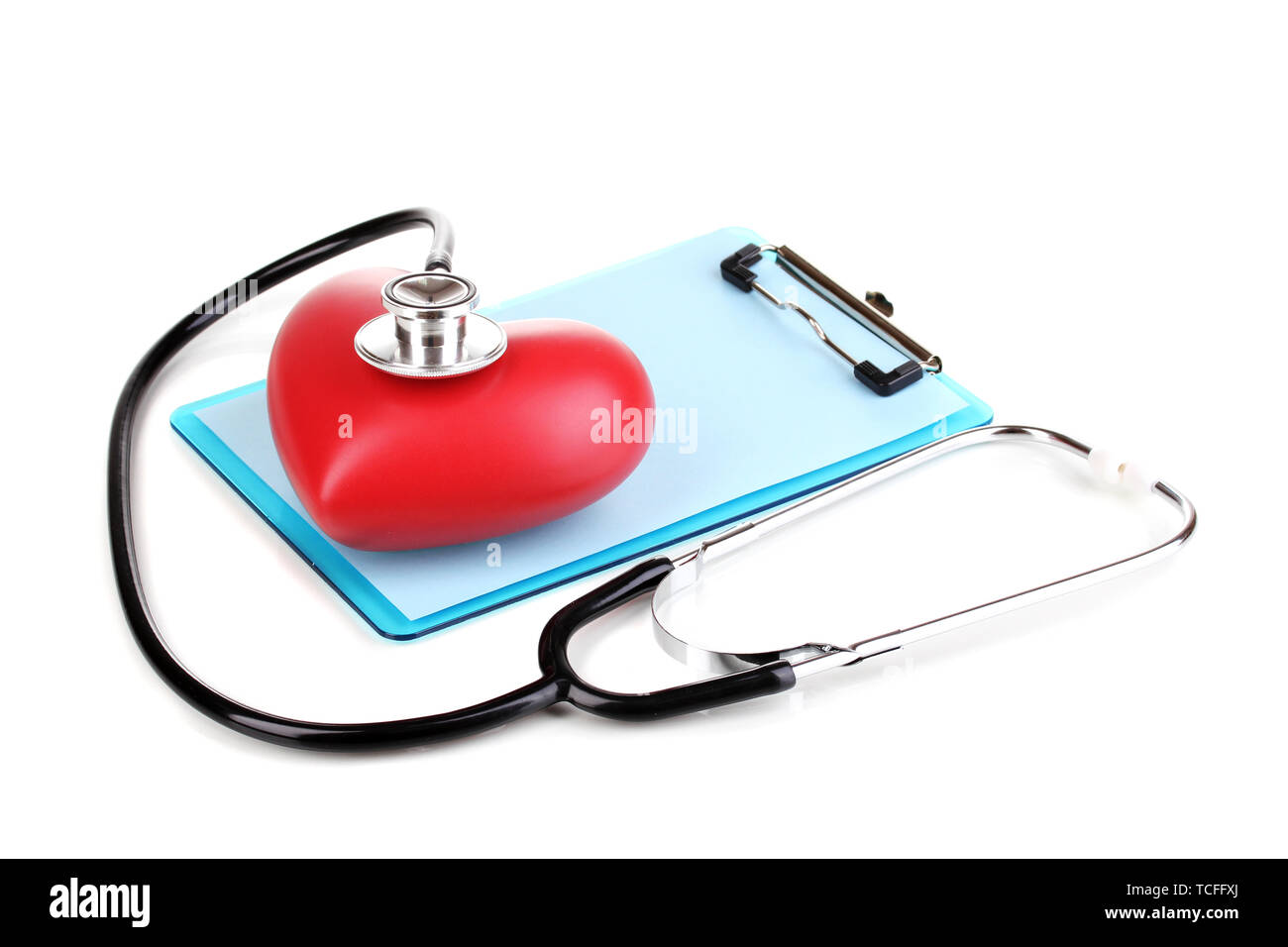 Stethoscope, heart and blank clipboard isolated on white Stock Photo ...