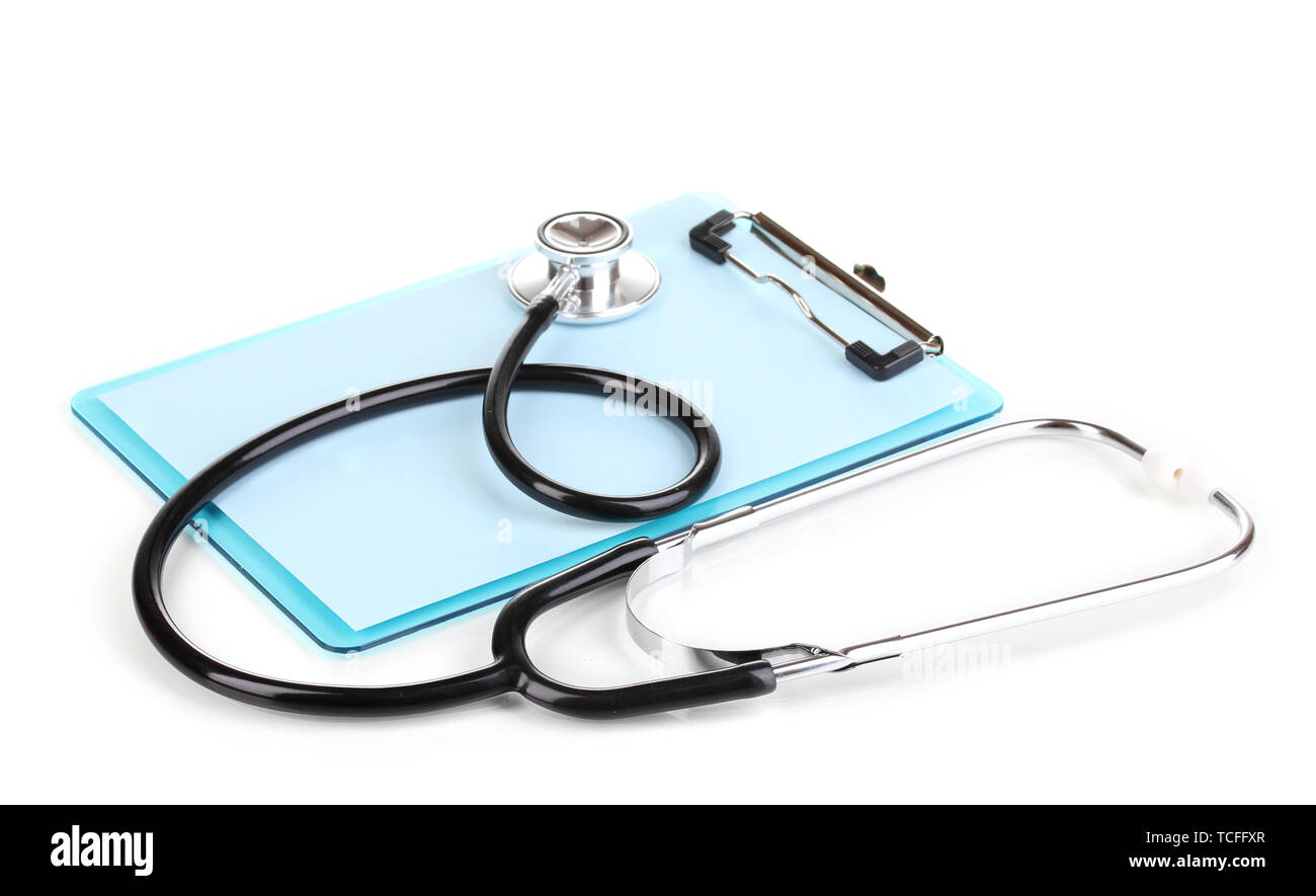 Stethoscope and blank clipboard isolated on white Stock Photo - Alamy