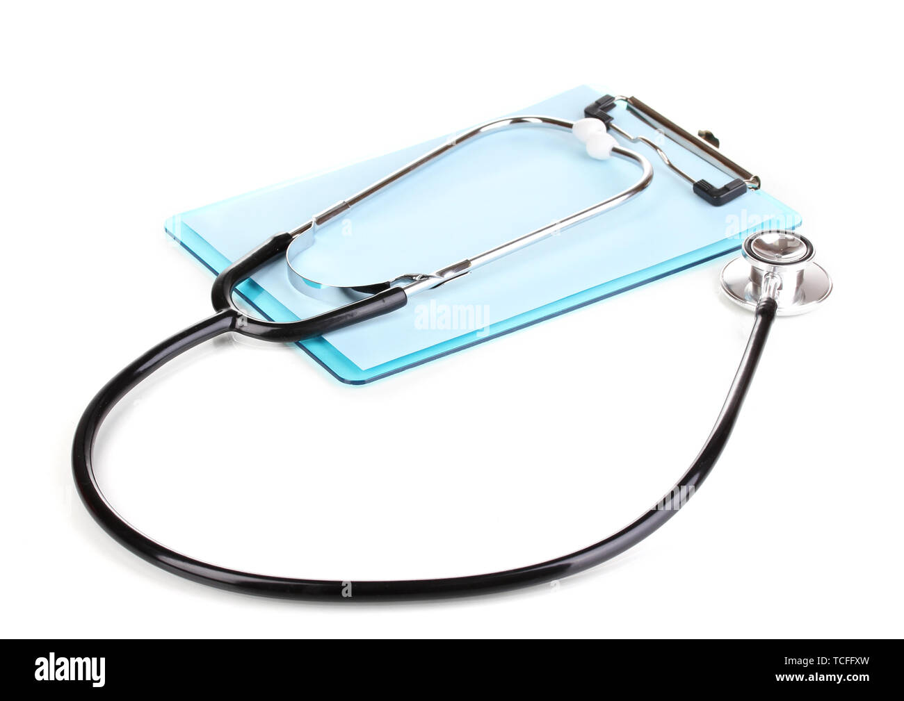 Stethoscope and blank clipboard isolated on white Stock Photo - Alamy