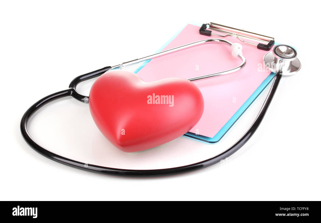 Stethoscope, heart and blank clipboard isolated on white Stock Photo ...