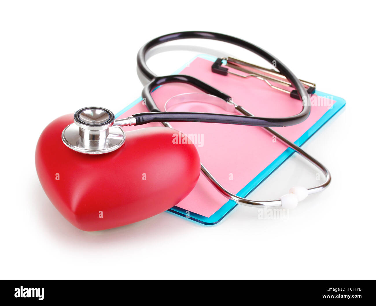 Stethoscope, heart and blank clipboard isolated on white Stock Photo ...