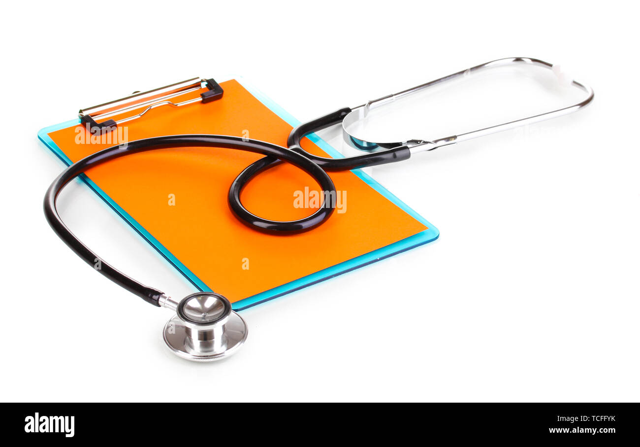 Stethoscope and blank clipboard isolated on white Stock Photo - Alamy