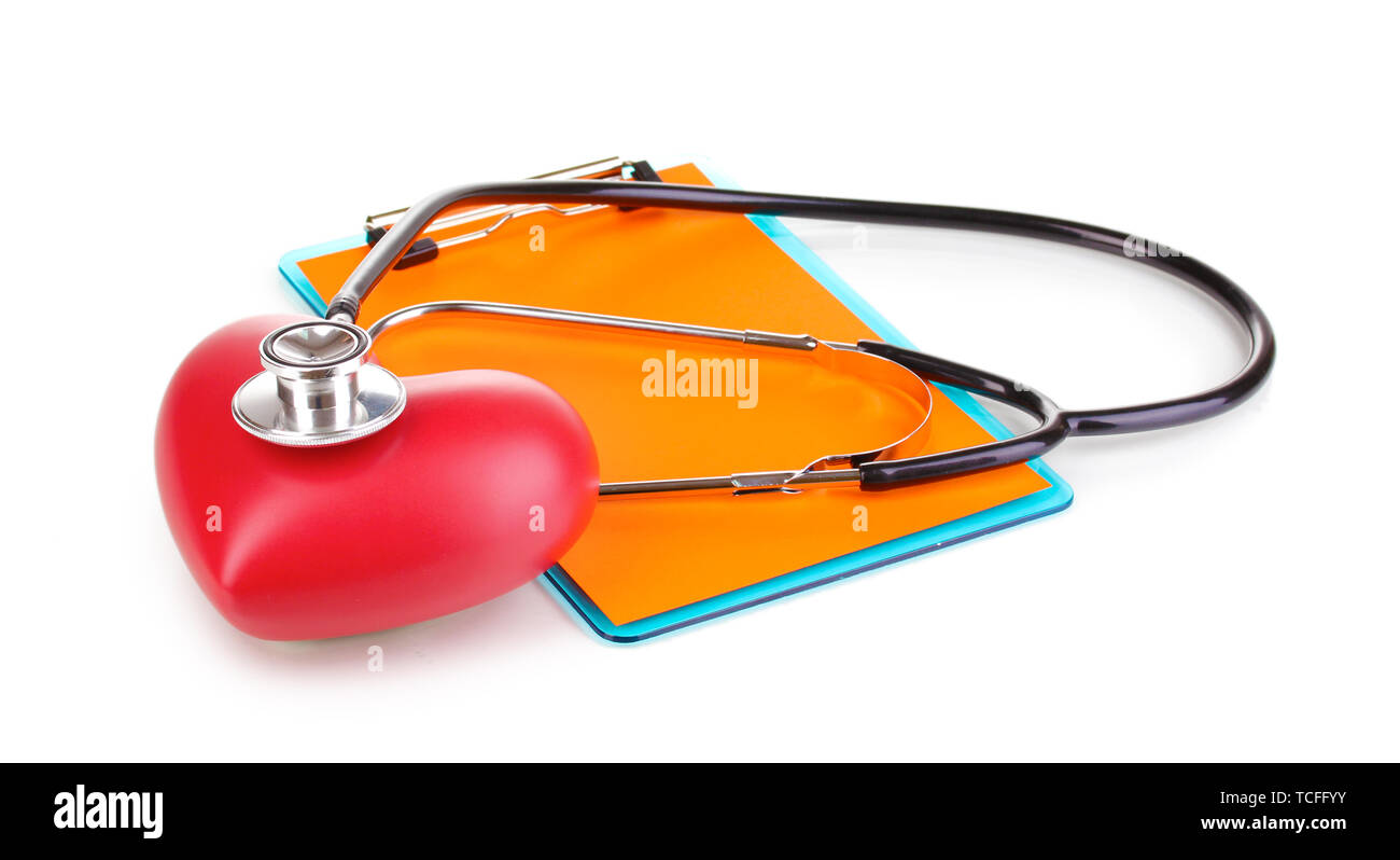 Stethoscope, heart and blank clipboard isolated on white Stock Photo ...