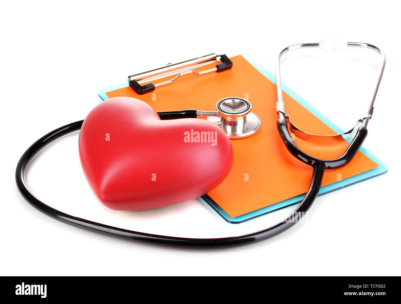 Stethoscope, heart and blank clipboard isolated on white Stock Photo ...