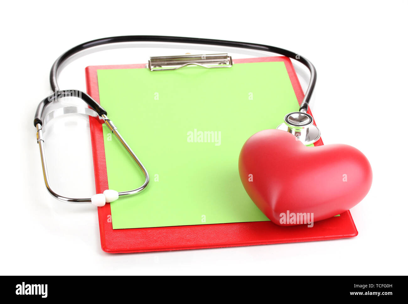 Stethoscope, heart and blank clipboard isolated on white Stock Photo ...