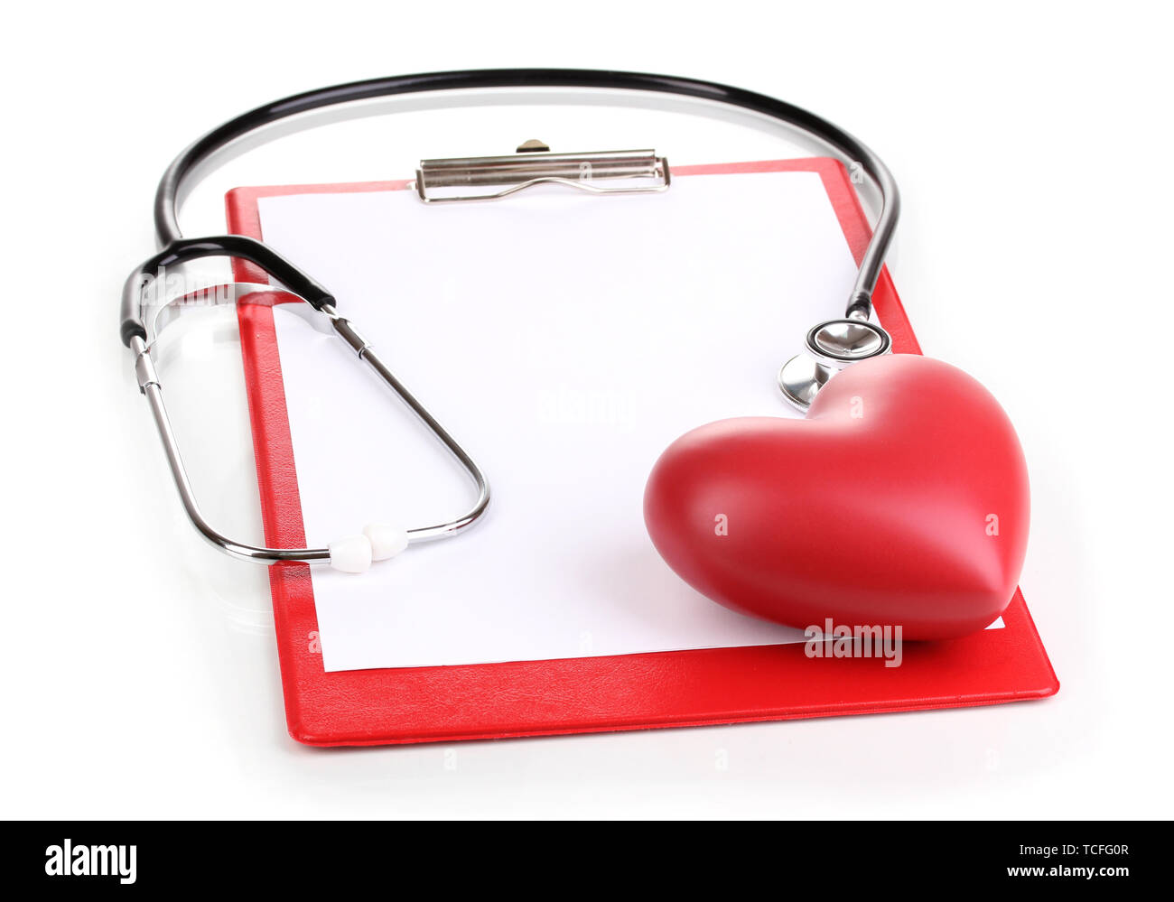 Stethoscope, heart and blank clipboard isolated on white Stock Photo ...