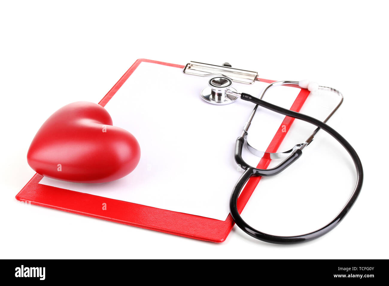 Stethoscope, heart and blank clipboard isolated on white Stock Photo ...