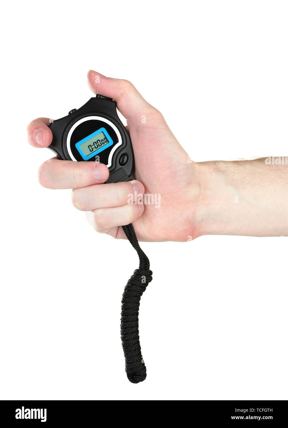 electronic sport timer in hand isolated on white Stock Photo Alamy