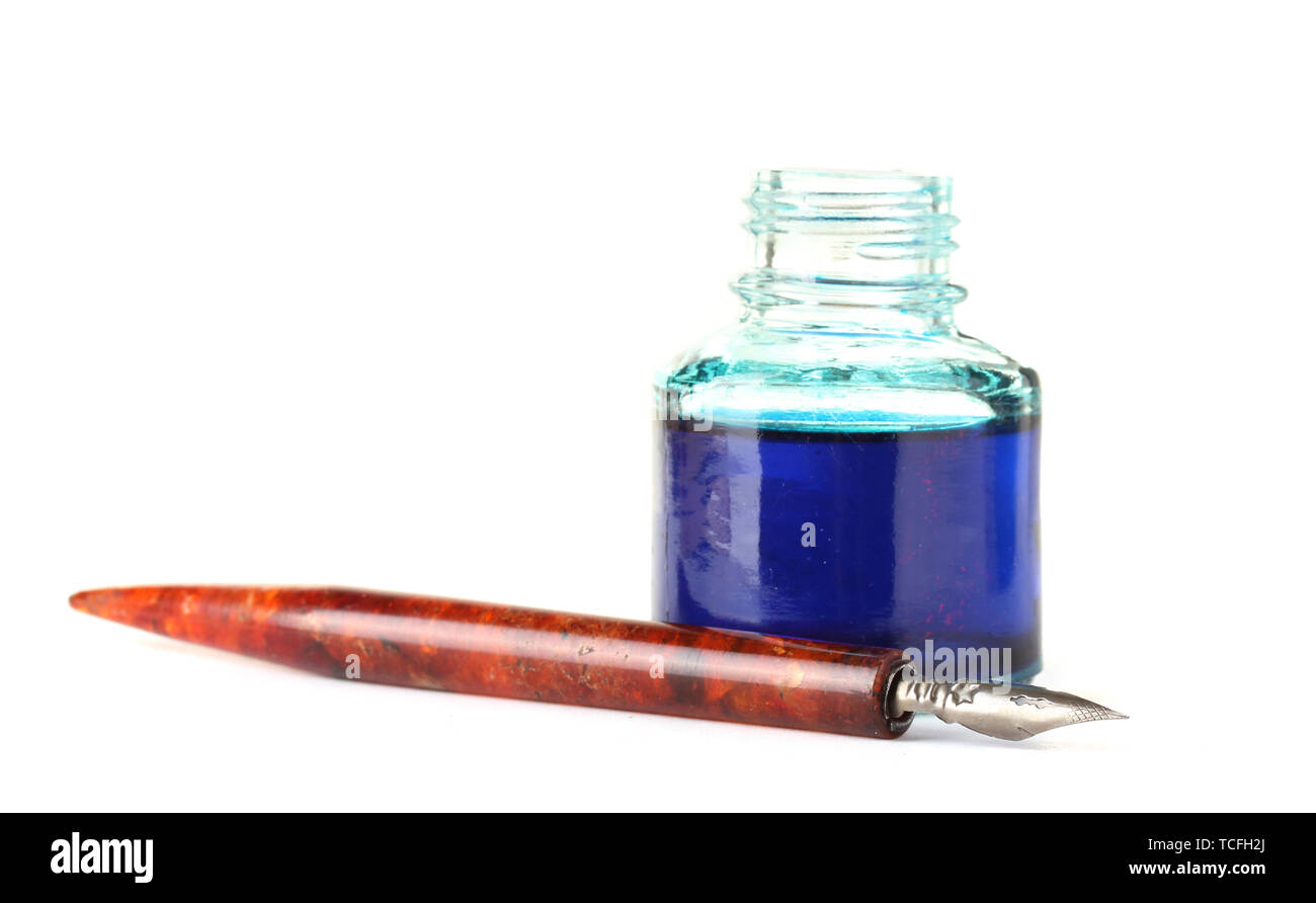 old ink pen and ink bottle isolated on white Stock Photo Alamy