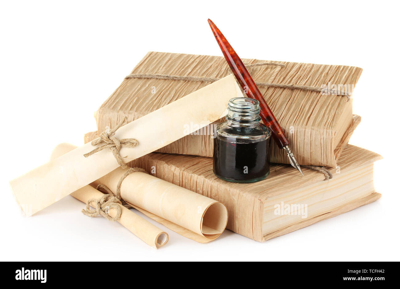 old books, ink pen and ink bottle isolated on white Stock Photo - Alamy