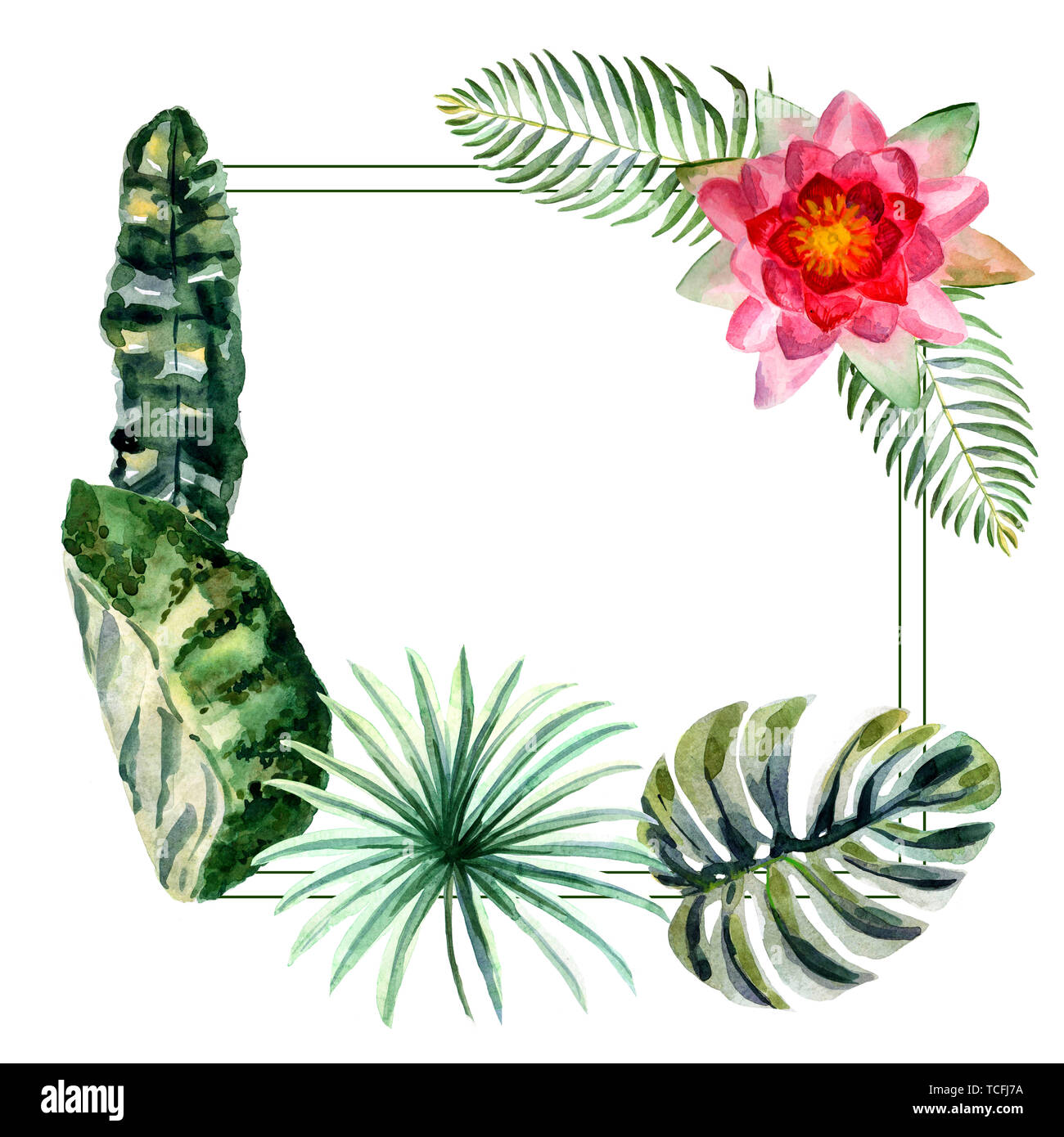 Watercolor frame of tropical flowers and green leaves isolated on a ...