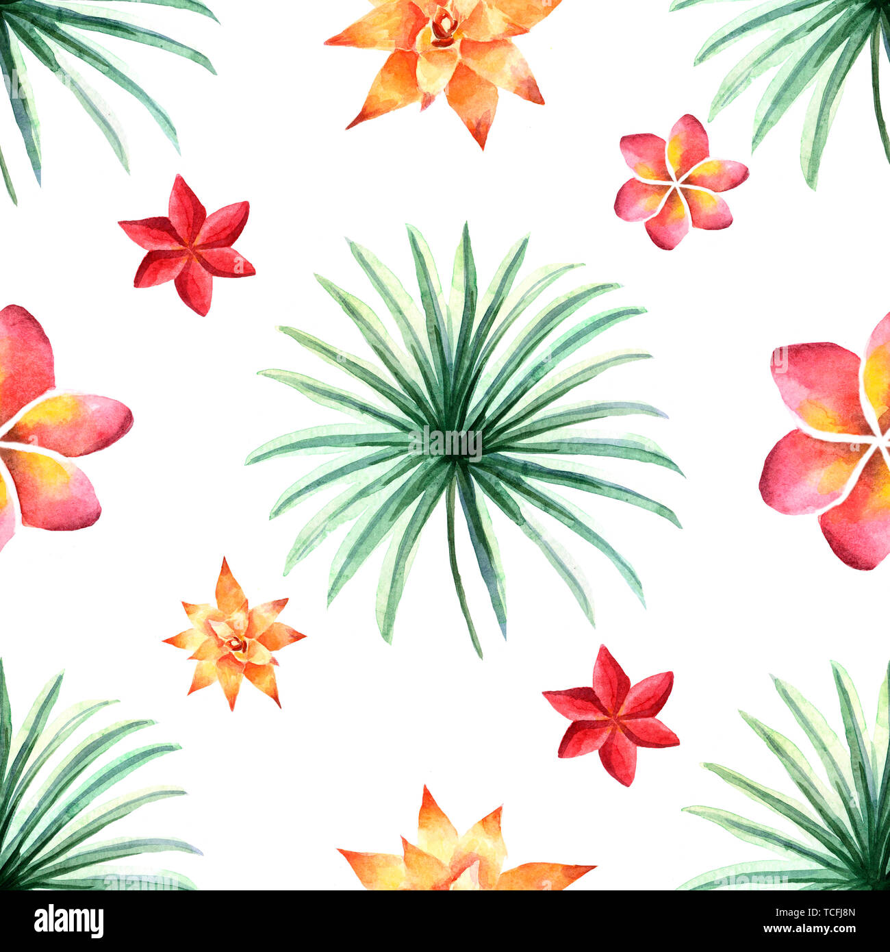 Watercolor summer seamless pattern with tropical flowers Stock Photo