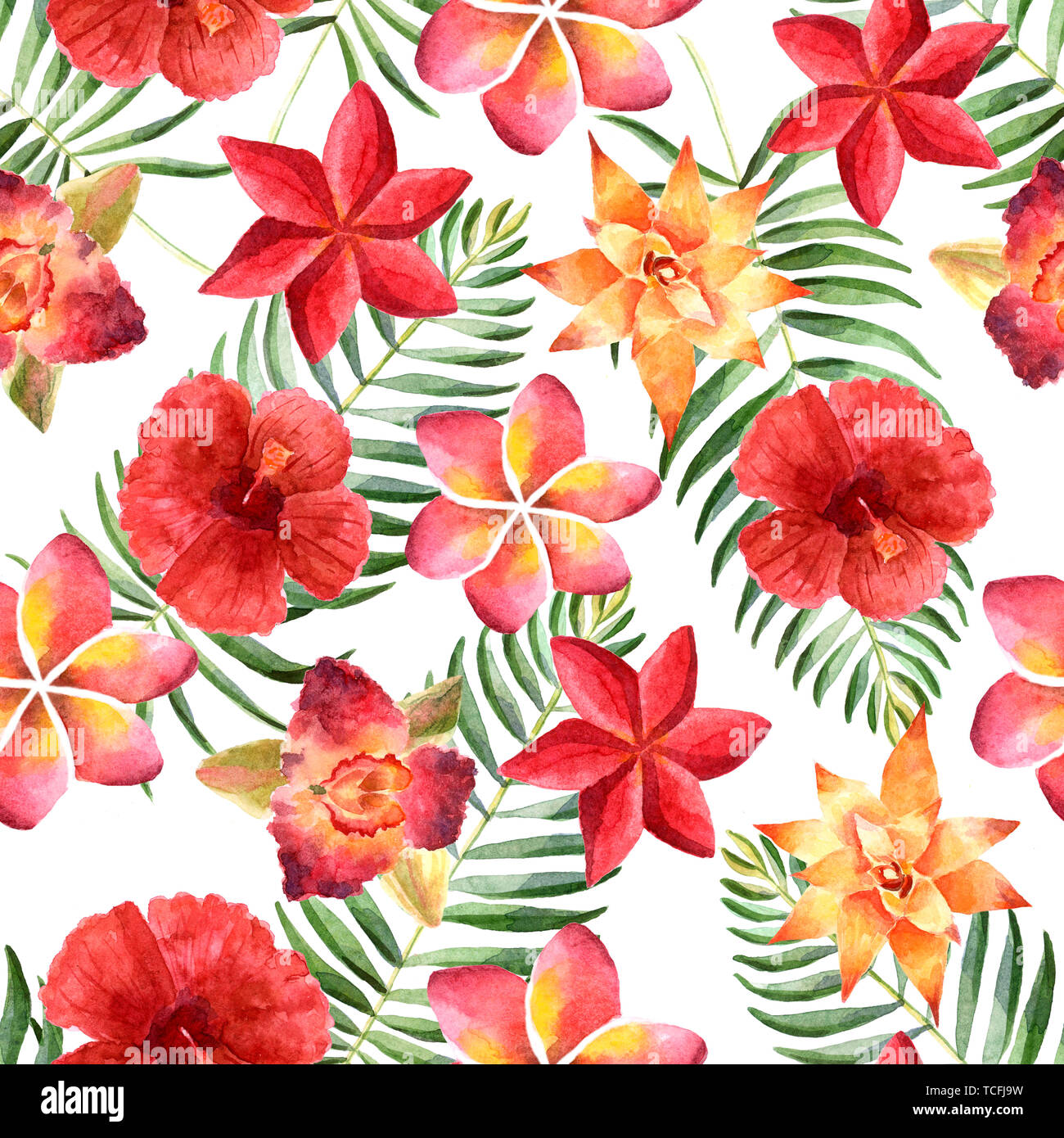 Watercolor summer seamless pattern with tropical flowers Stock Photo ...