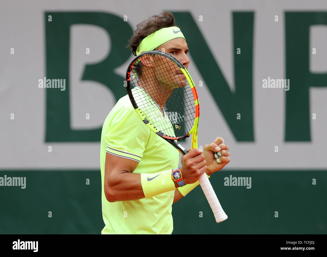 Rafael Nadal during the Men's Semi Final of the French Open at Roland Garros, Paris. Stock Photo