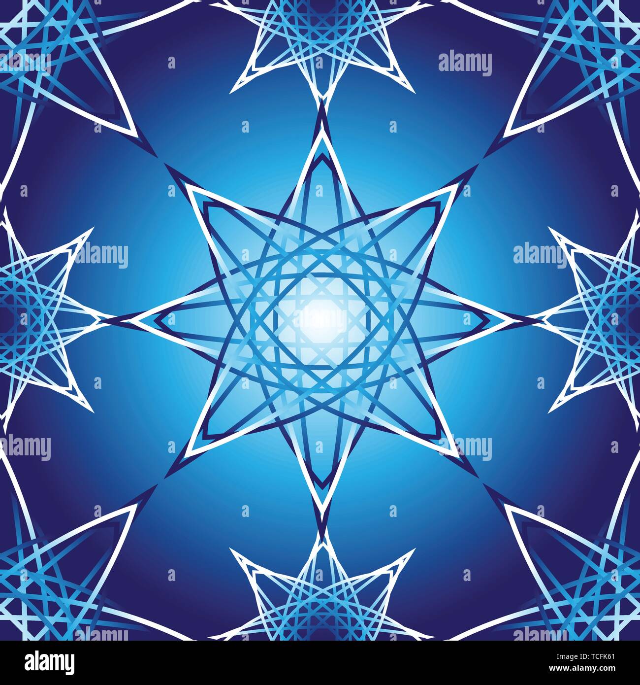 Geometric vector mandala seamless pattern on blue and white background Stock Vector