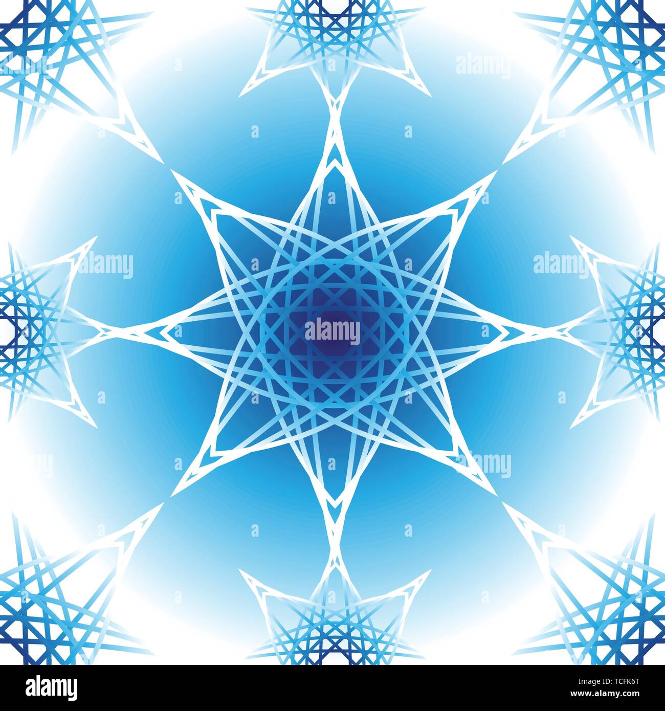 Geometric white and blue vector mandala seamless pattern on white and blue background Stock Vector