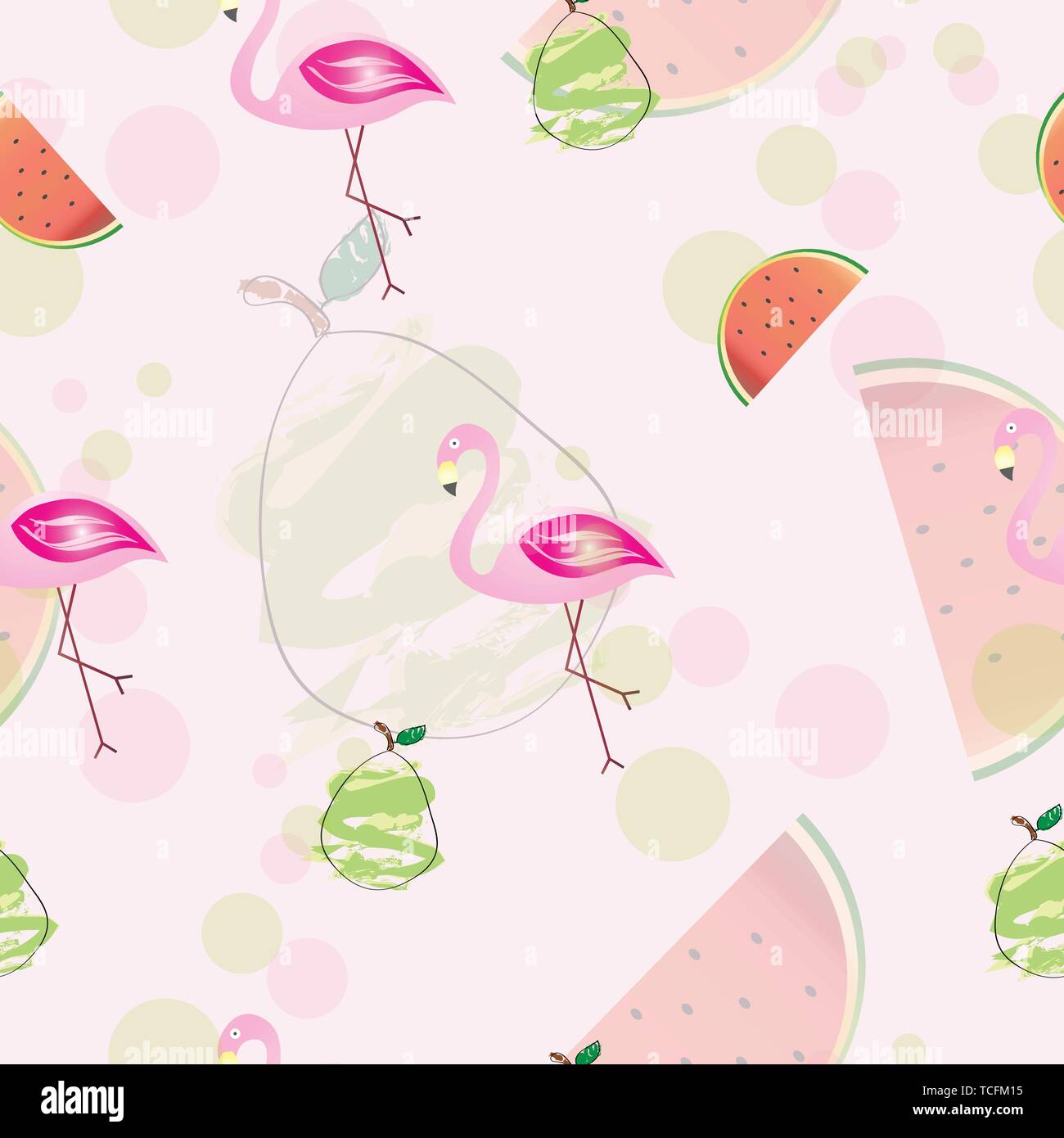 seamless pattern with flamingos - pears and watermelons vector Stock Vector