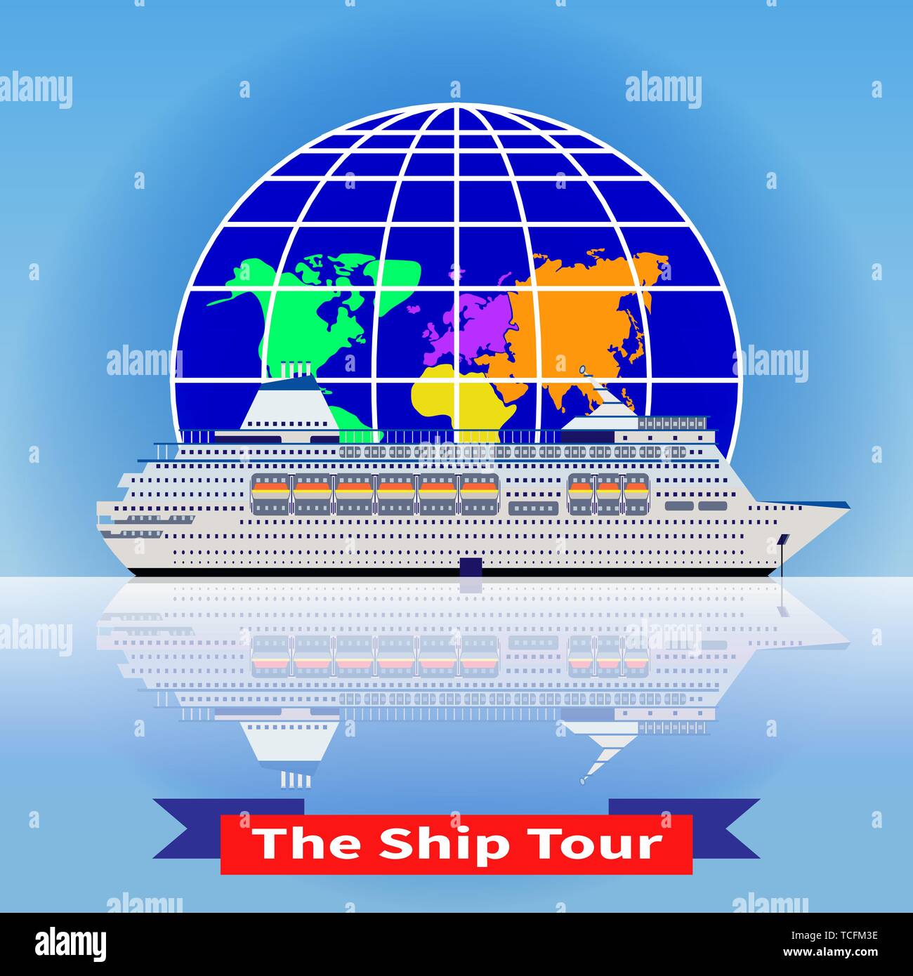 Cruise ship tour. White cruise ship with globe. Round-world voyage. Trendy concept for infographics, catalogs, information. Globe and cruise liner vec Stock Vector