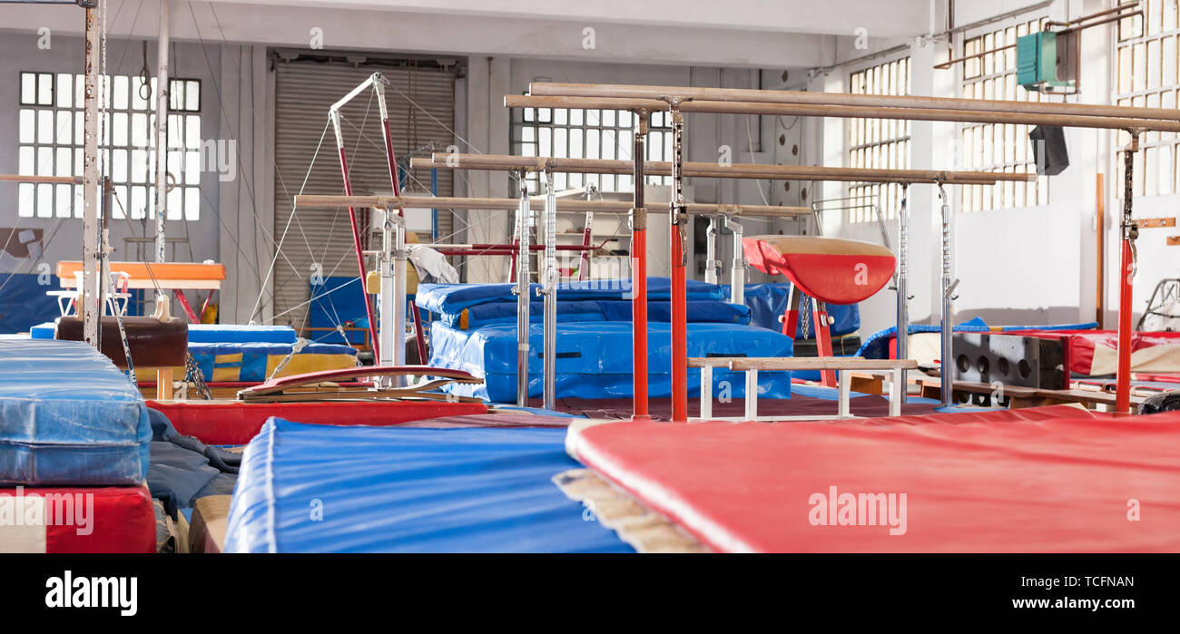 Image of interior of acrobatic center with gymnastic equipment Stock