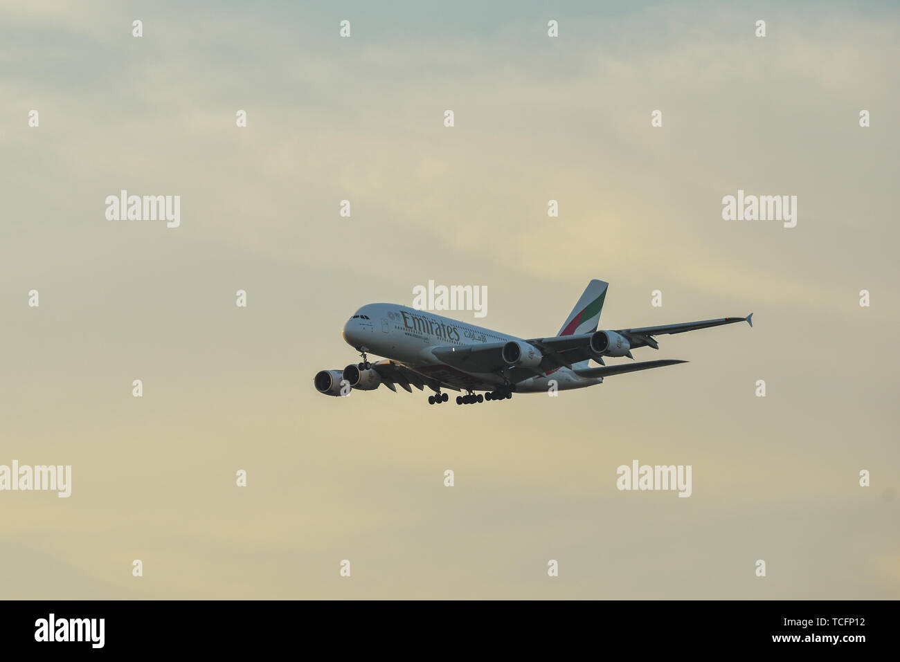 Kuala Lumpur, Malaysia - Apr 22, 2018. Airbus A380 of Emirates (A6-EDN) landing at Kuala Lumpur International Airport (KLIA-KUL). Stock Photo