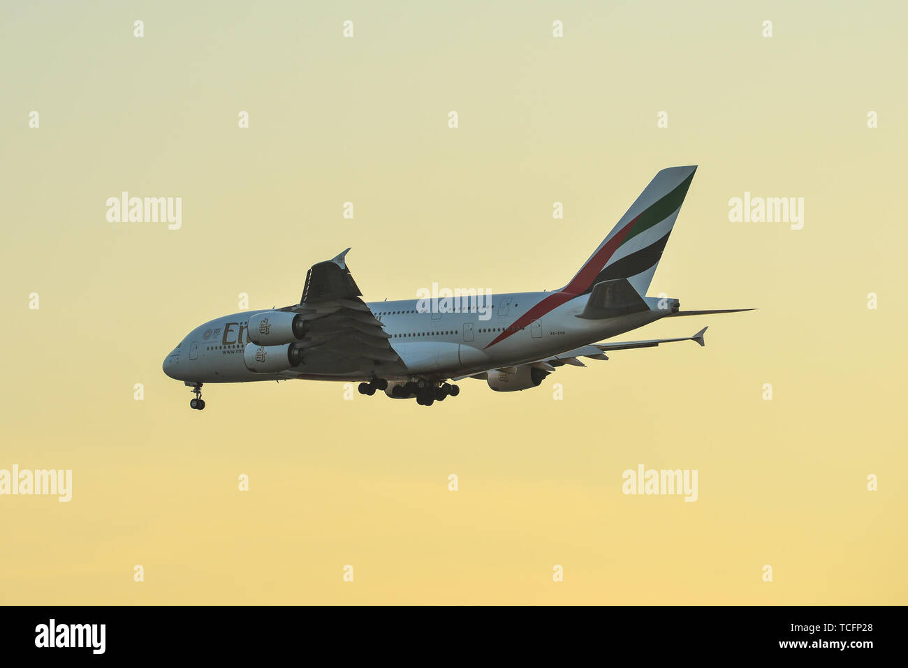 Kuala Lumpur, Malaysia - Apr 22, 2018. Airbus A380 of Emirates (A6-EDN) landing at Kuala Lumpur International Airport (KLIA-KUL). Stock Photo