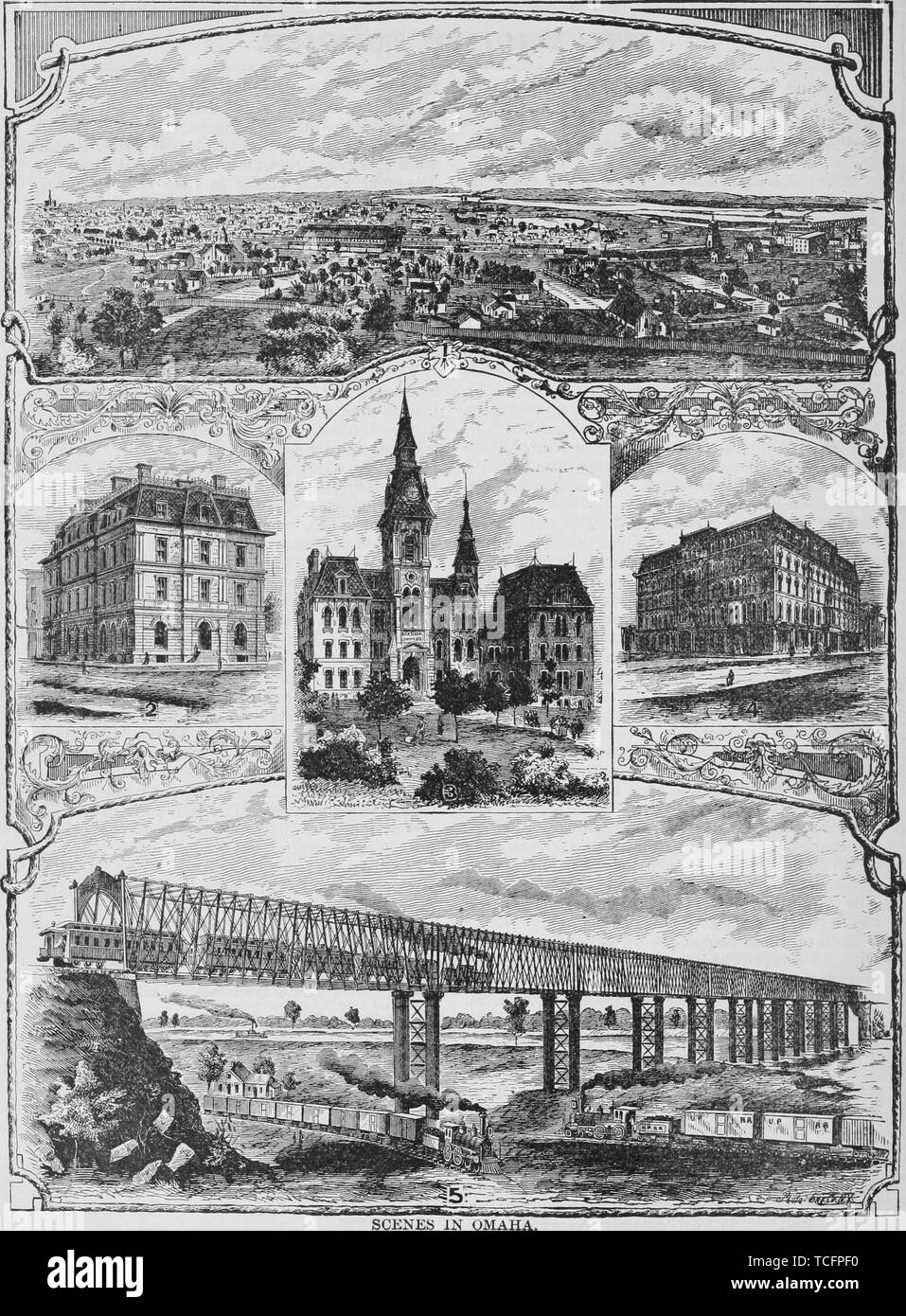 Engravings of the Omaha City scenery, Omaha and Missouri Valley, post office building, high school building, Grand Central hotel, and Missouri River bridge, from the book 'The Pacific tourist' by Henry T. Williams, 1878. Courtesy Internet Archive. () Stock Photo