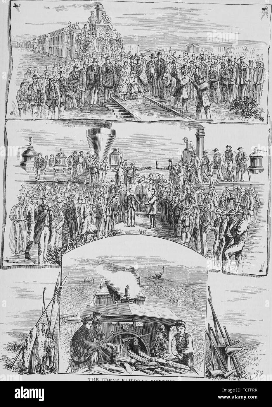 Engravings of the great railroad wedding, driving the last Spike, union of the East and West, and first whistle of the Iron Horse, from the book 'The Pacific tourist' by Henry T. Williams, 1878. Courtesy Internet Archive. () Stock Photo