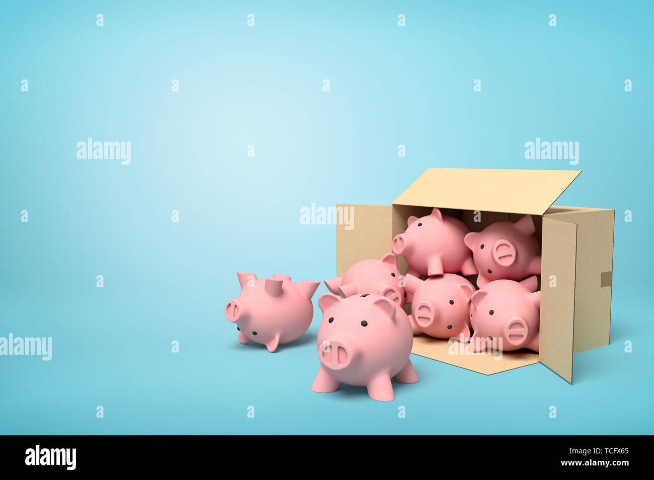 3d rendering of cardboard box lying sidelong full of pink ceramic piggy banks on light-blue background. Stock Photo