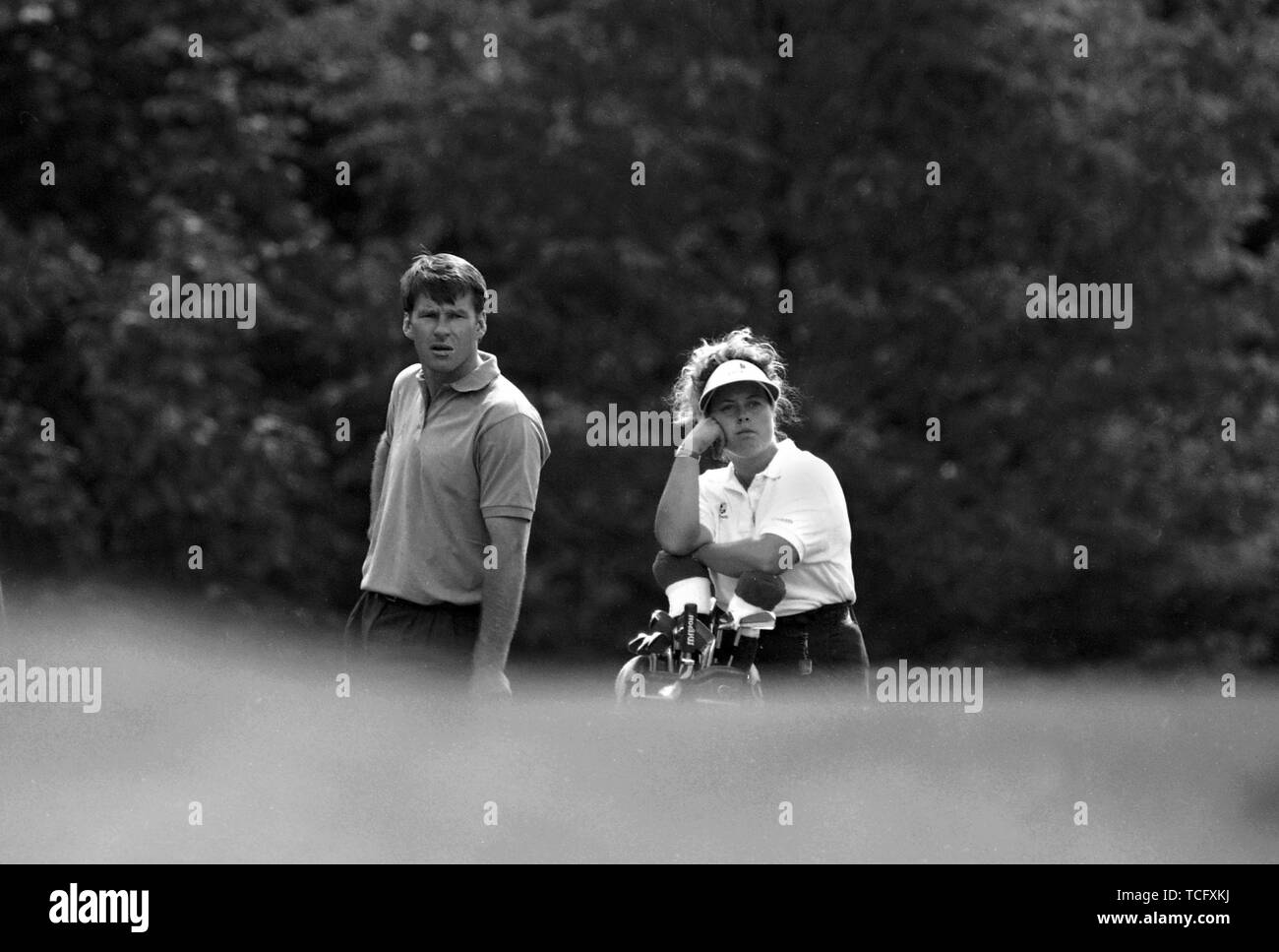 Suntory World Matchplay Golf Championship in 1990 at Wentworth Club.  Nick Faldo with caddy Fanny Sunesson  Photo by Tony Henshaw Stock Photo