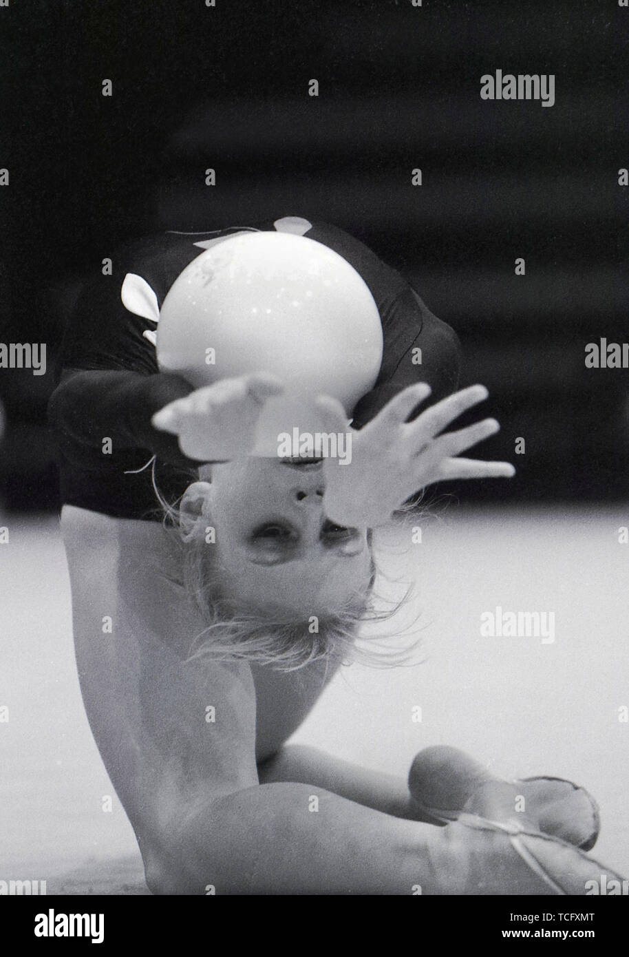 Rhythmic Gymnastics Gymnast competing in 1990   Photo by Tony Henshaw Stock Photo