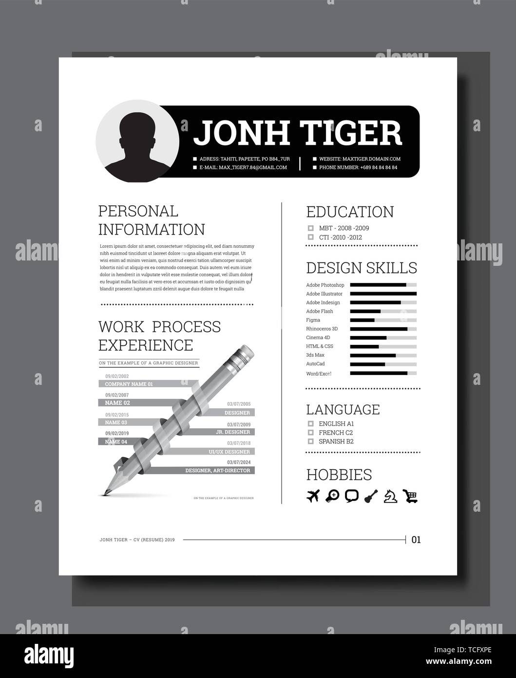 Cv resume template vector with a timeline of work, training, description of skills, hobbies and