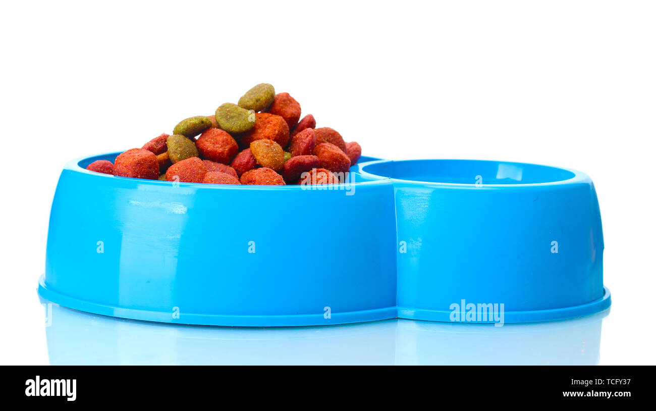 dry dog food and water in blue bowl isolated on white Stock Photo Alamy