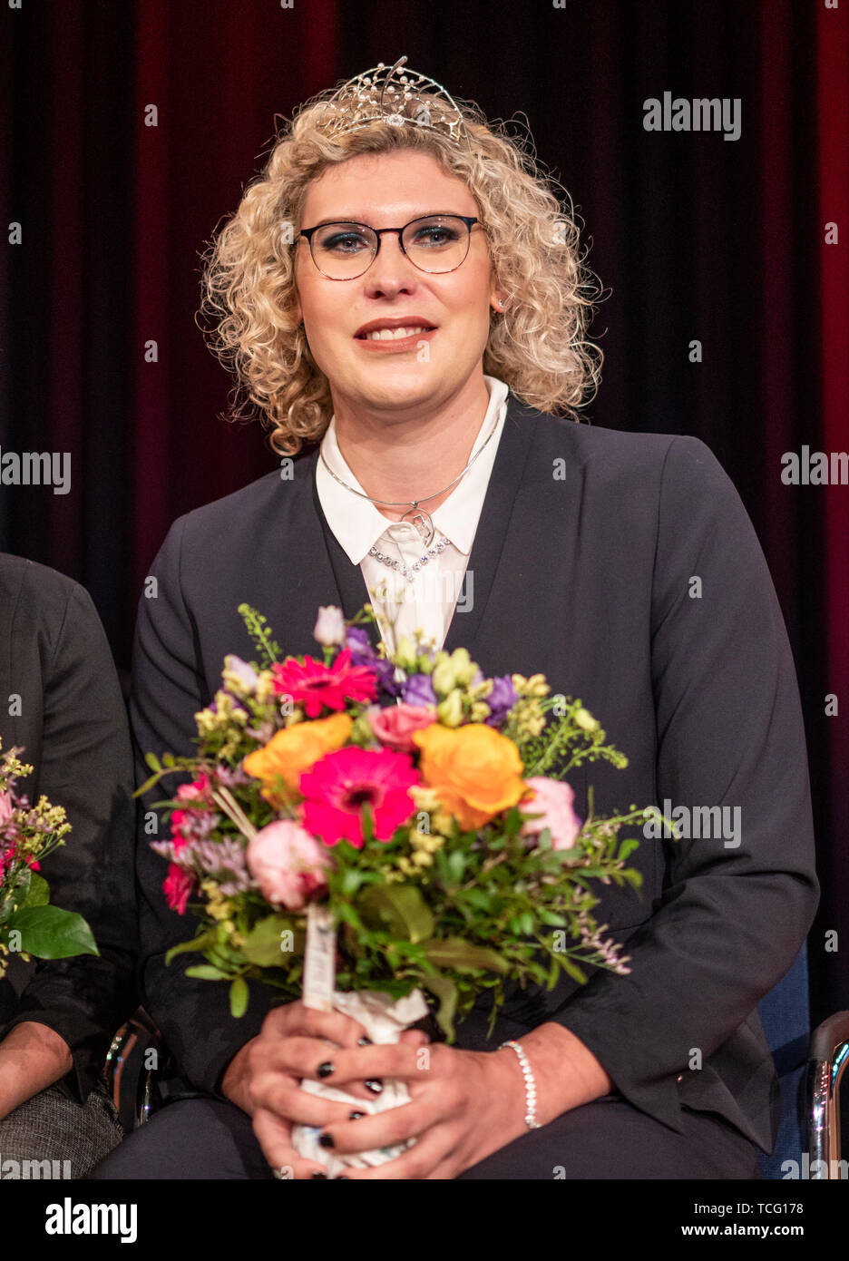 Freiburg, Germany. 07th June, 2019. Wine Princess Simona Aurelia Maier sits  in the hall after the election and coronation of the 70th Baden Wine Queen  She is the first transgedner Baden Wine