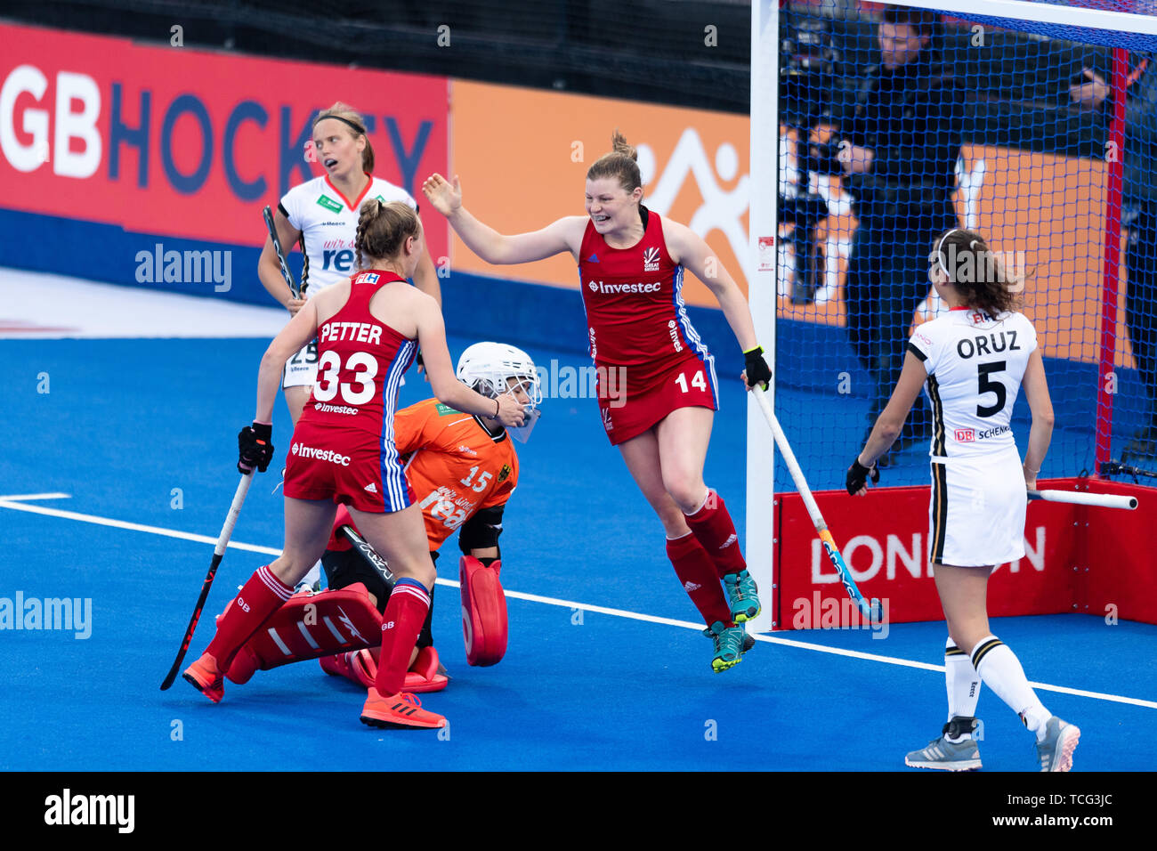 London, UK. 07th Jun, 2019. Tessa Howard of Durham University (GBR) (2nd from right) celebrates scoring a goal with team mates Isabelle Petter of Surbiton (GBR) (2nd from left) during FIH Pro League match between Great Britain vs Germany (Men) at Lea Valley Hockey and Tennis Centre on Friday, June 07, 2019 in  London England. (Editorial use only, license required for commercial use. No use in betting, games or a single club/league/player publications. Credit: Taka Wu/Alamy Live News Stock Photo