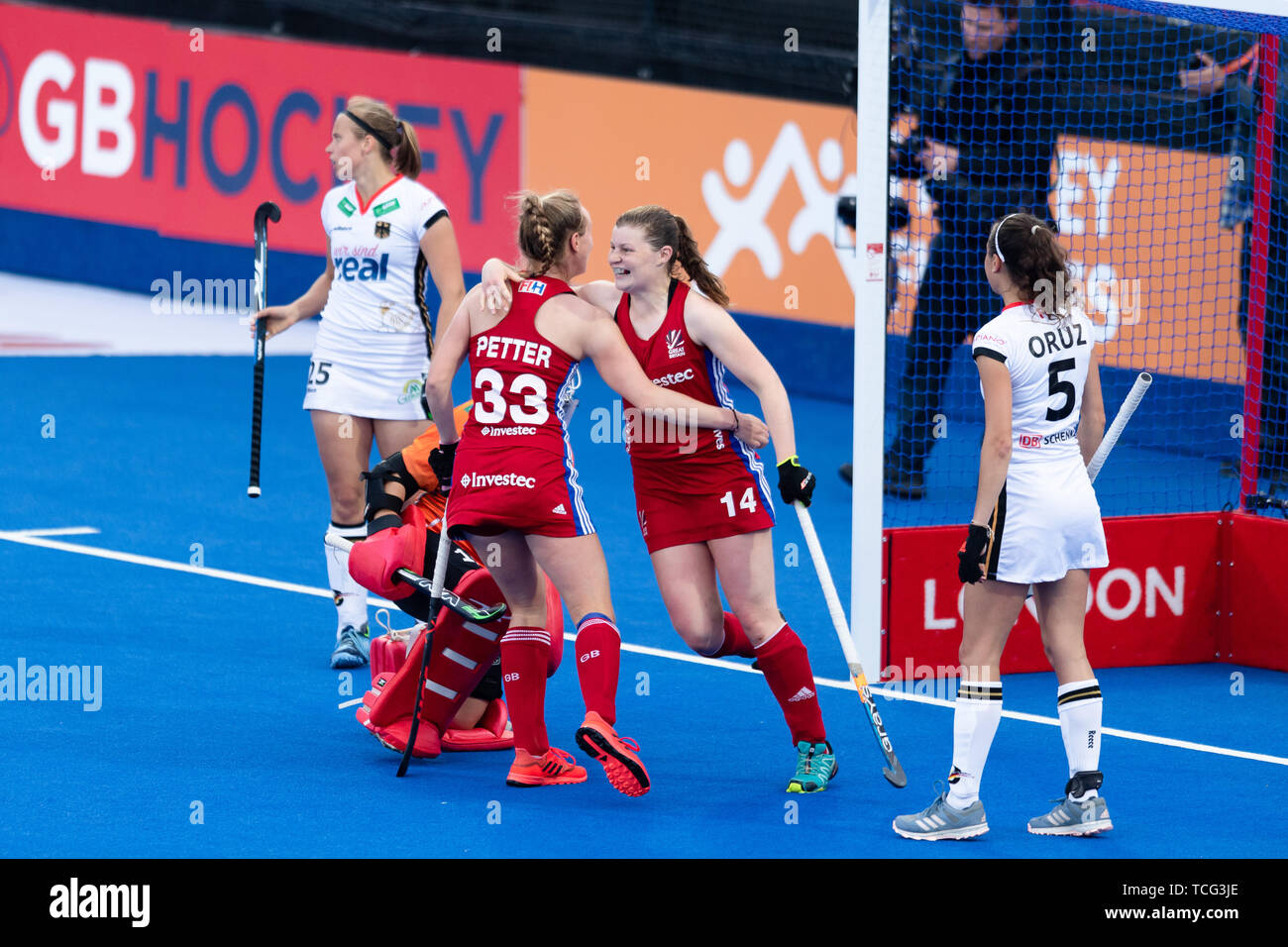London, UK. 07th Jun, 2019. Tessa Howard of Durham University (GBR) (2nd from right) celebrates scoring a goal with team mates Isabelle Petter of Surbiton (GBR) (2nd from left) during FIH Pro League match between Great Britain vs Germany (Men) at Lea Valley Hockey and Tennis Centre on Friday, June 07, 2019 in  London England. (Editorial use only, license required for commercial use. No use in betting, games or a single club/league/player publications. Credit: Taka Wu/Alamy Live News Stock Photo