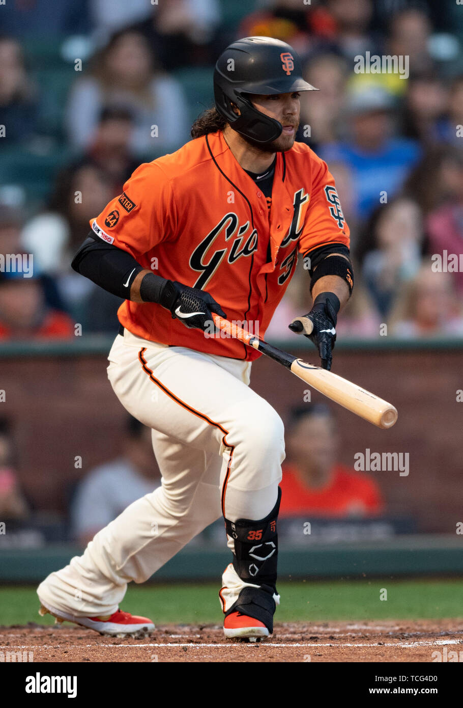 April 09 2022 San Francisco CA, U.S.A. San Francisco shortstop Brandon  Crawford (35) on deck during MLB game between the Miami Marlins and the San  Francisco Giants. The Marlins beat the Giants