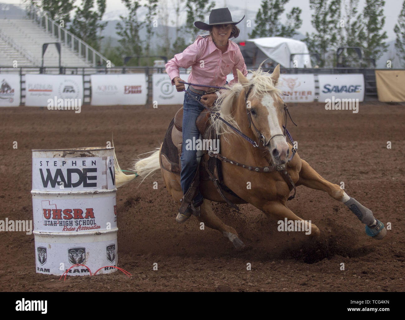 Heber City Utah Usa 7th June 19 A Young Woman Competes In The Barrel Racing Event At The Utah High School Rodeo Association Finals In Heber City Utah June 7 19 Students