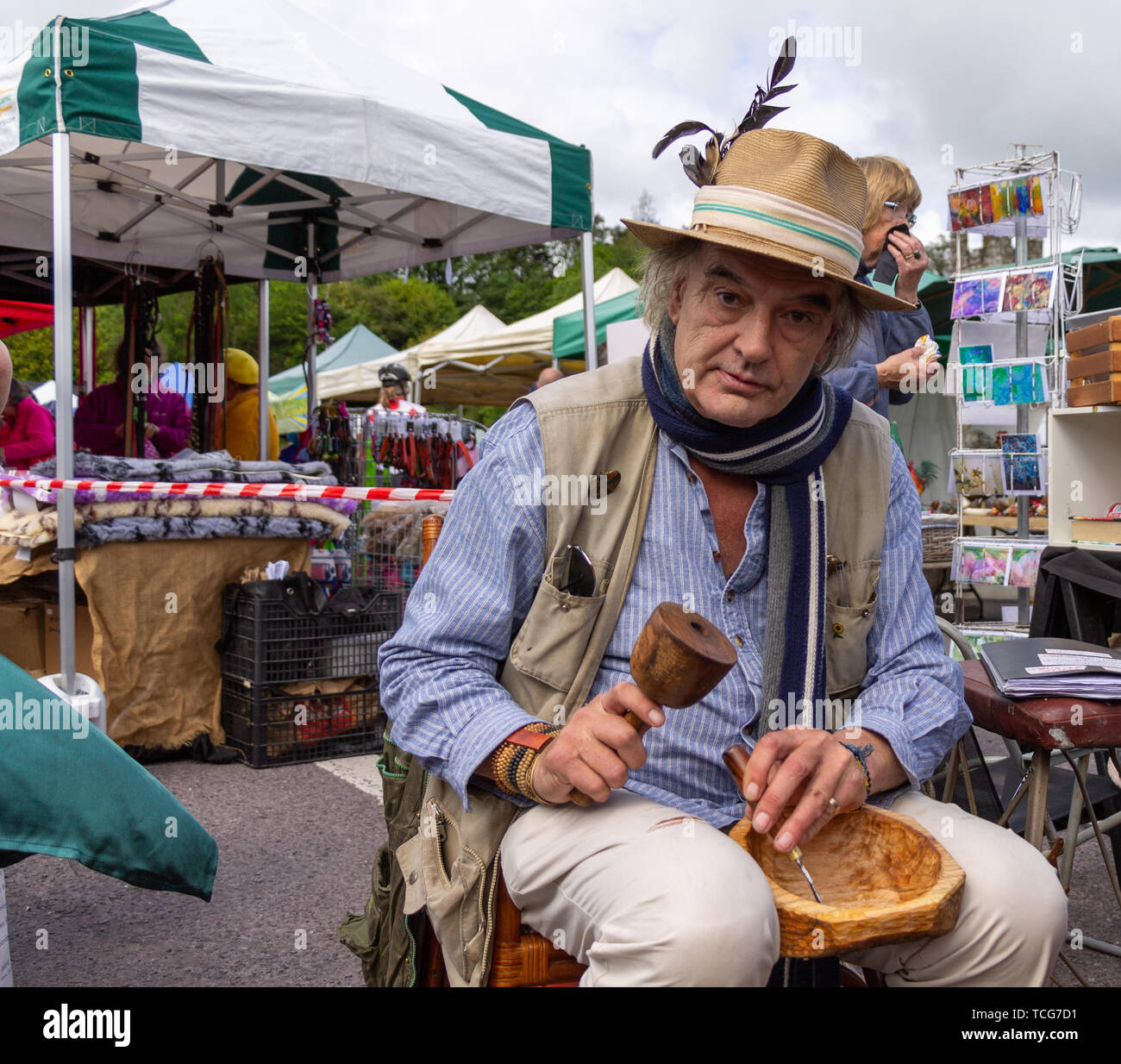 Skibbereen, West Cork, Ireland, 8th June 2019, Ian Bailey recently convicted in absentia of the murder of the French film producer, Sophie Toscan du Plantier by a French court is carrying on as normal at his stall in Skibbereen Farmers Market today. Mr Bailey said he is living in a news vacuum, ignoring all media and is carrying on as normal. Credit aphperspective/ Alamy Live News Stock Photo