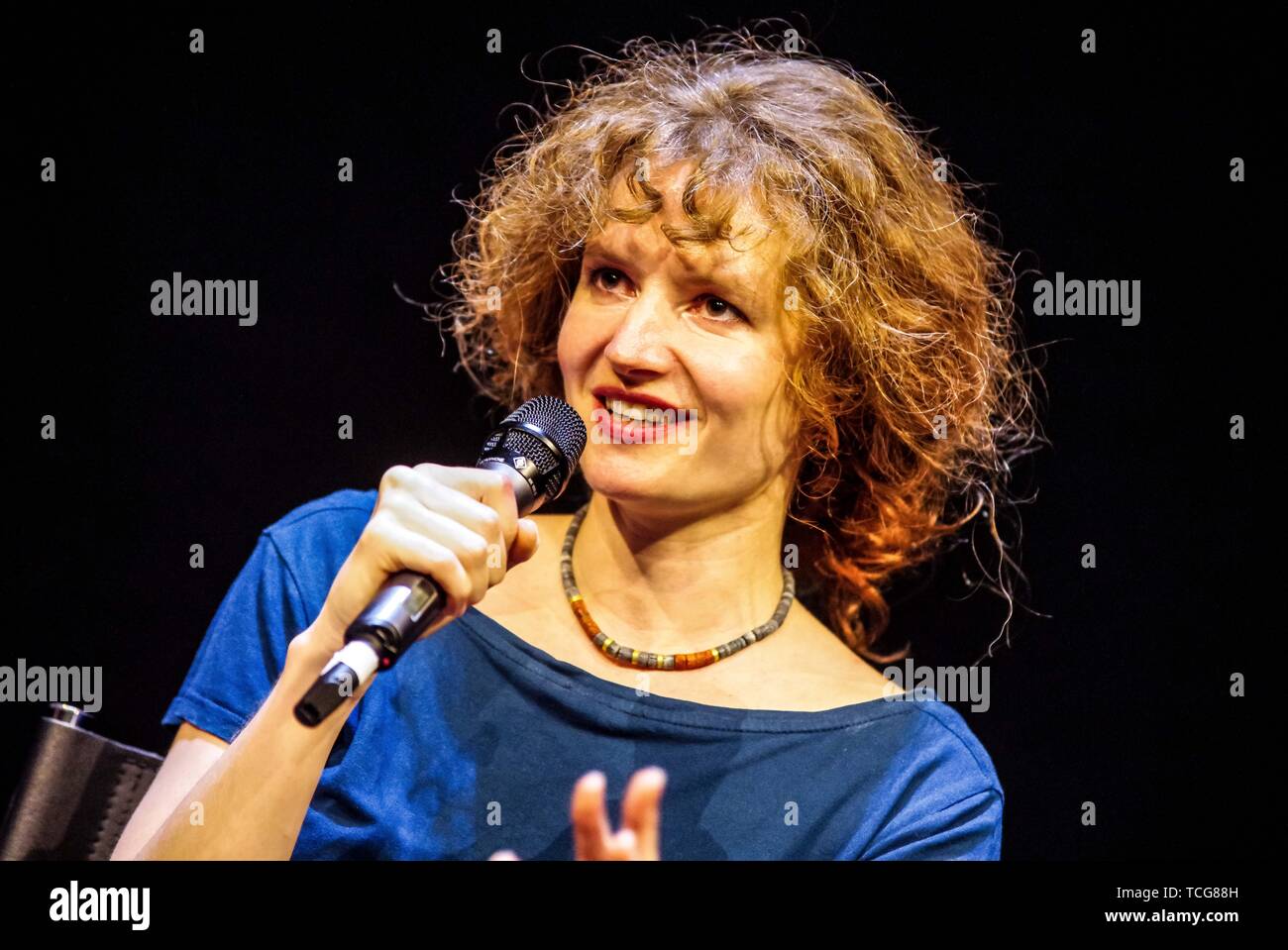 Munich, Bavaria, Germany. 7th June, 2019. Prominent gynecologist Dr. KRISTINA HAENEL spoke at a panel discussion with Munich abortion doctor FRIEDRICH STAPF, activist SARA DIEHL and PENELOPE KEMEKENIDOU at the Muenchen Kammerspiele with about Germany's controversial Nazi-era 219a law that forbids physicians from advertising counseling services and providing information for abortion. As of late, anti-abortion groups have successfully 'weaponized'' the law in order to prosecute physicians such as Dr. Haenel who was fined some 6,000 Euros. In addition, anti-abortion groups hold regular dem Stock Photo