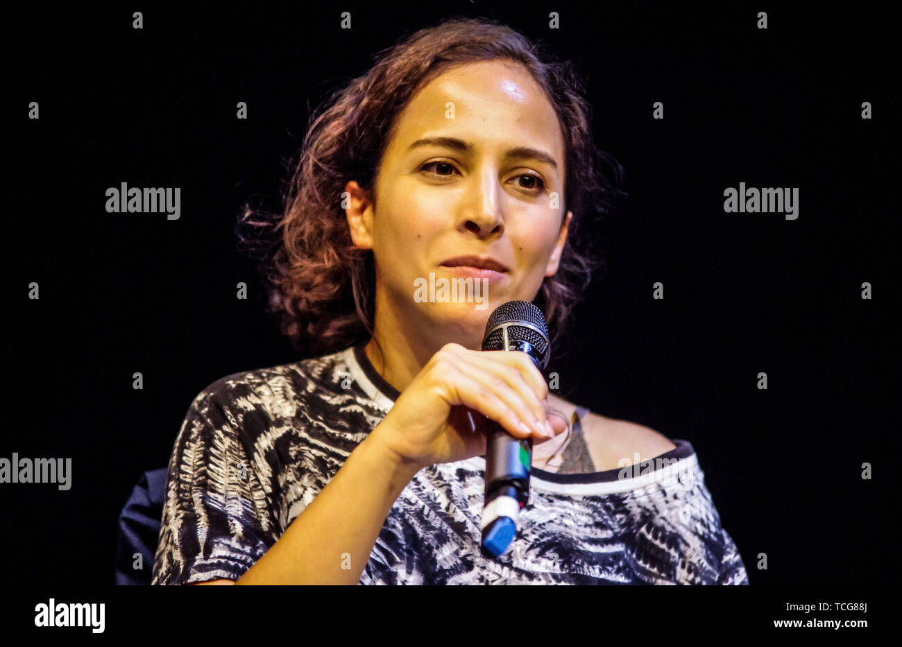 Munich, Bavaria, Germany. 7th June, 2019. Prominent gynecologist Dr. KRISTINA HAENEL spoke at a panel discussion with Munich abortion doctor FRIEDRICH STAPF, activist SARA DIEHL and PENELOPE KEMEKENIDOU at the Muenchen Kammerspiele with about Germany's controversial Nazi-era 219a law that forbids physicians from advertising counseling services and providing information for abortion. As of late, anti-abortion groups have successfully 'weaponized'' the law in order to prosecute physicians such as Dr. Haenel who was fined some 6,000 Euros. In addition, anti-abortion groups hold regular dem Stock Photo
