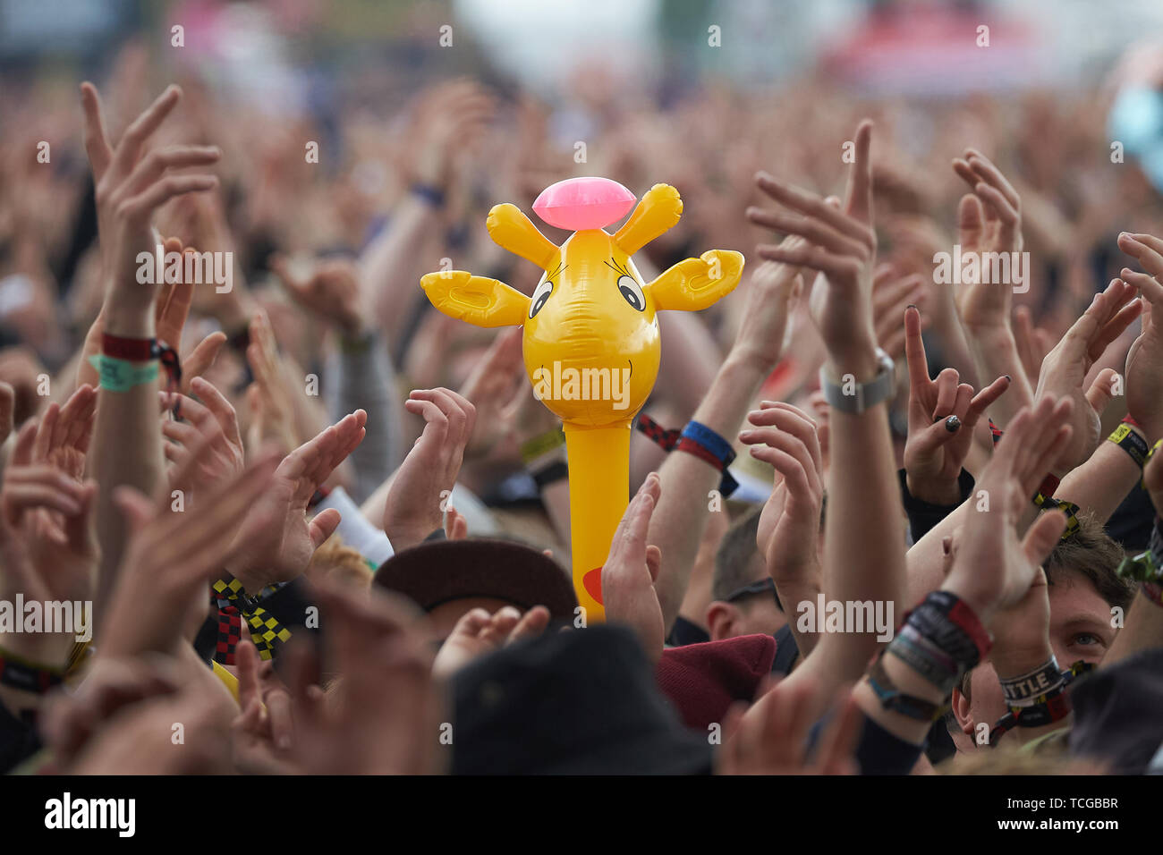 08 June 2019, Rhineland-Palatinate, Nürburg: Fans celebrate the performance of the band 'Feine Sahne Fischfilet' with an inflatable giraffe in front of the main stage of the open-air festival 'Rock am Ring'. On three days about 75 bands will perform on three stages in front of more than 80 000 spectators. Photo: Thomas Frey/dpa Stock Photo