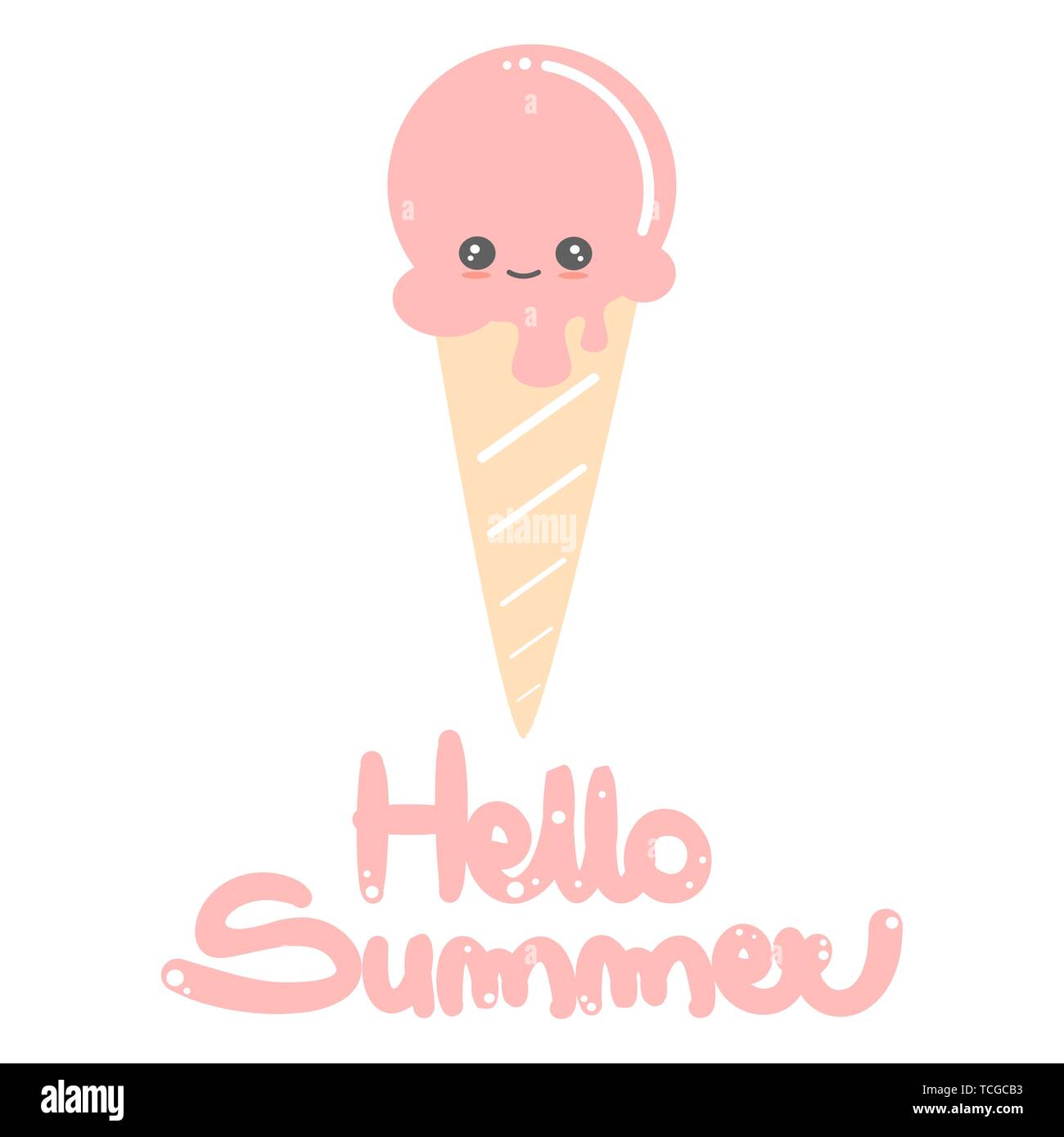 cute hand drawn lettering hello summer vector card with cartoon ice ...