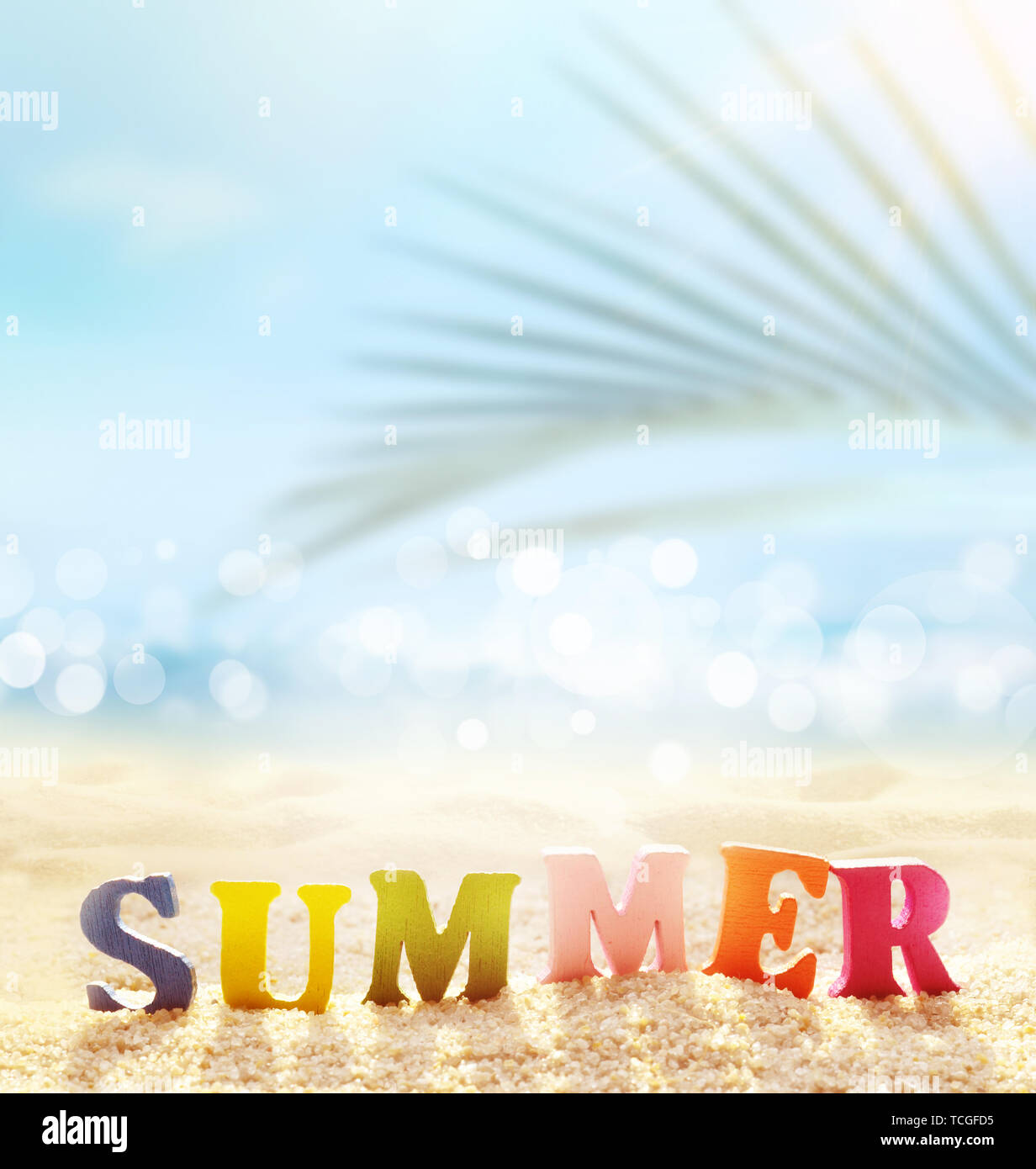 Summer beach background. Sand, palm leaf, sea and sky. Summer concept Stock Photo
