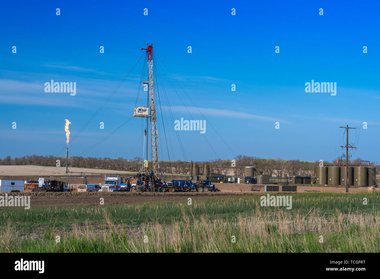 An oil drilling rig in the Bakken Play oil fields near Williston, North
