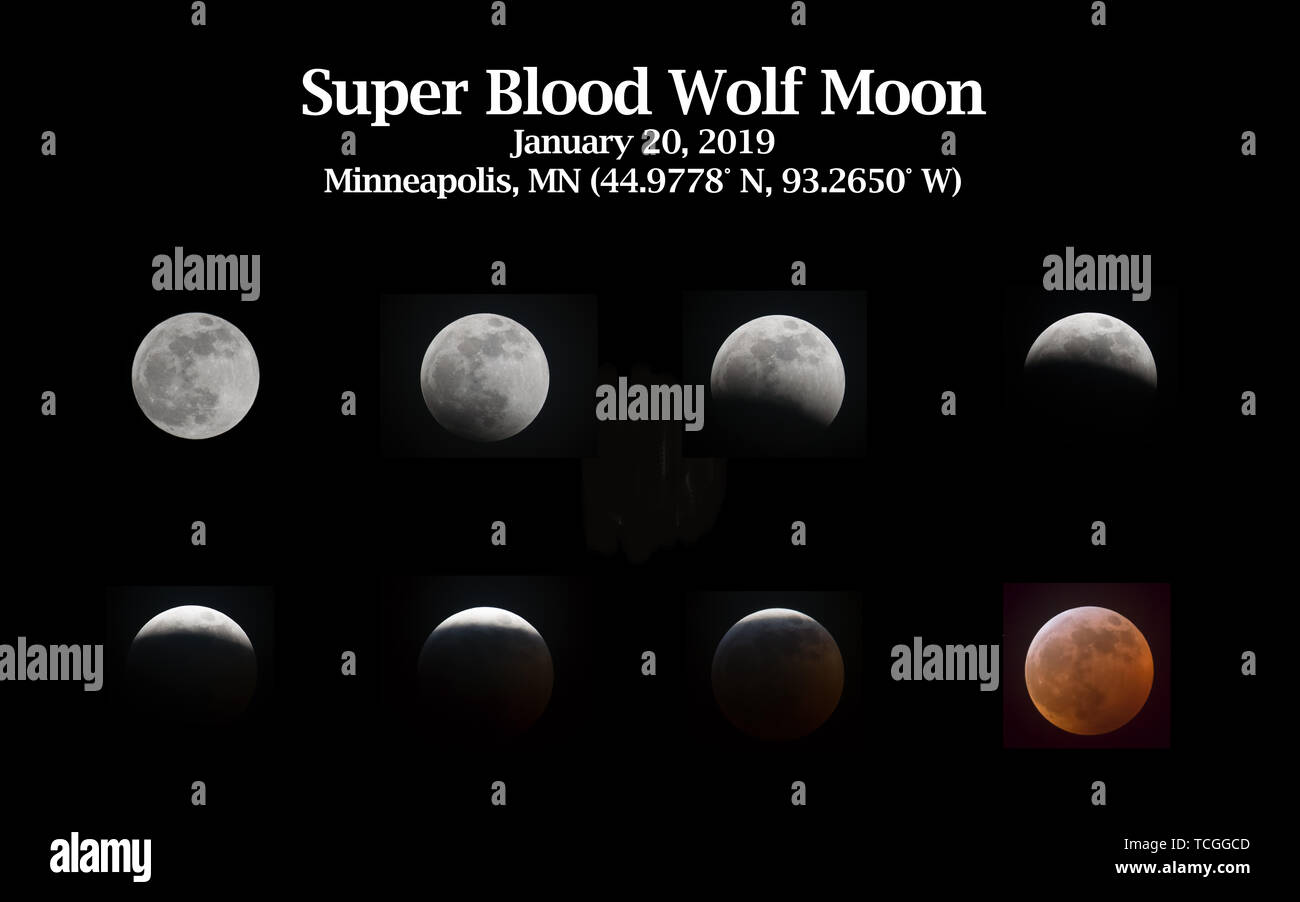 Super blood wolf moon series of images taken on January 20, 2019 from