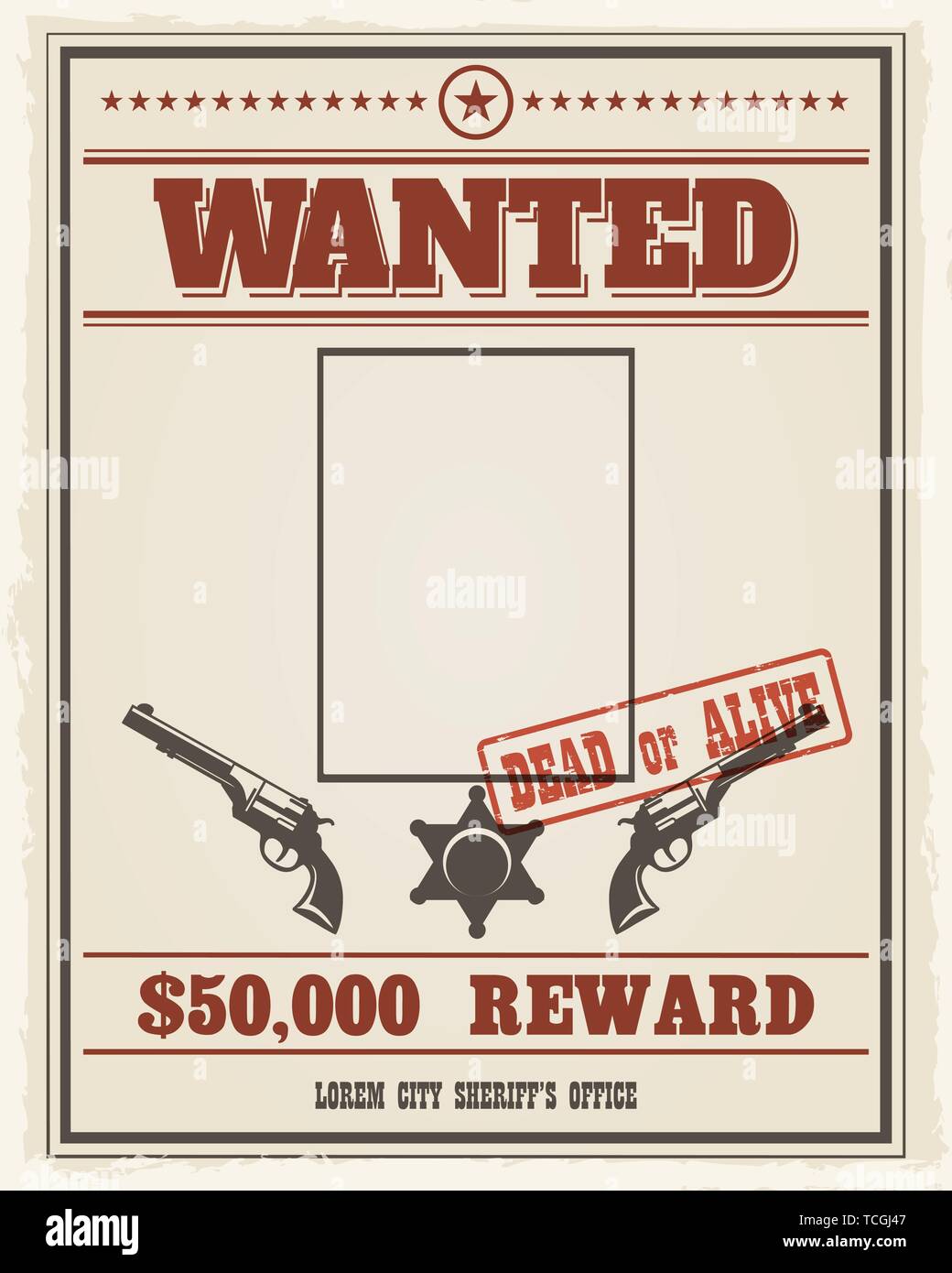 Retro wanted western poster with blank space for portrait. Wanted banner with frame photo. Vector illustration Stock Vector