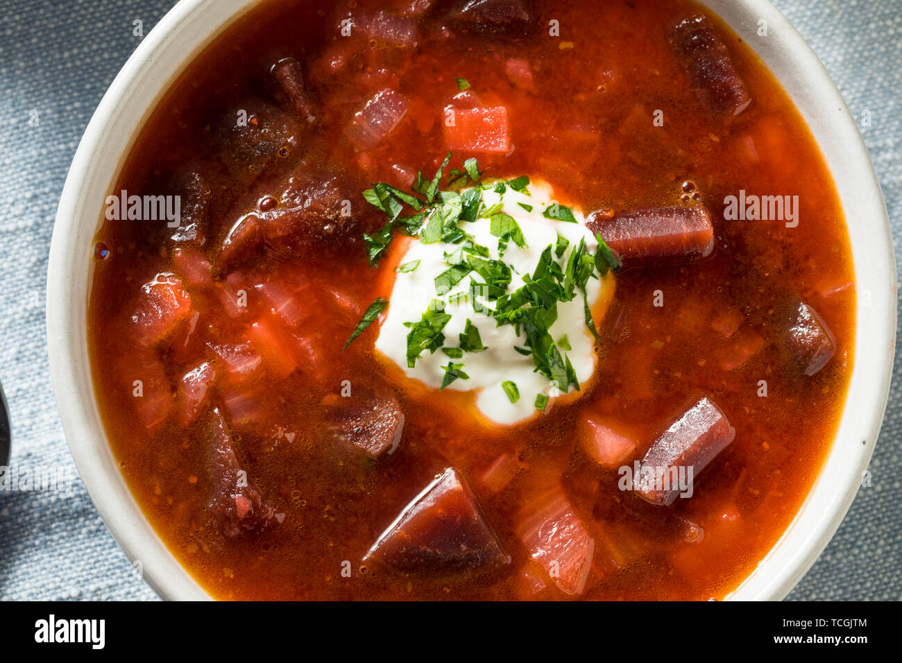 Homemade Russian Beet Borscht Soup with Horseradish Sauce Stock Photo