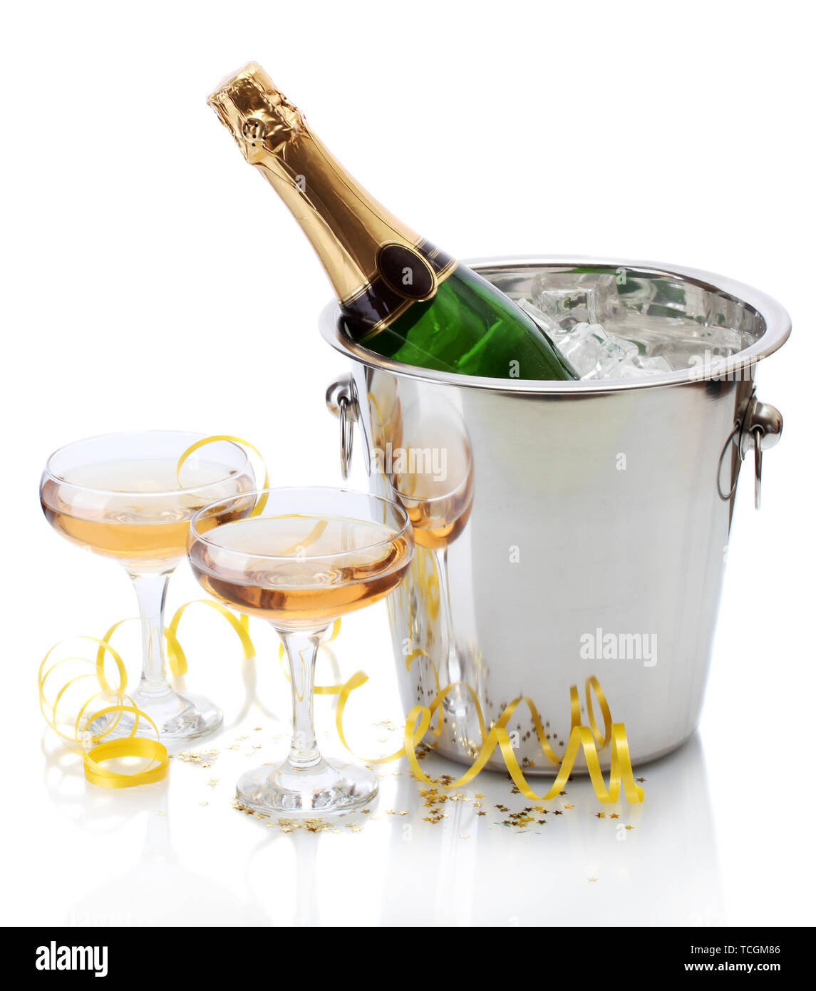 Champagne bottle in bucket with ice and glasses of champagne, isolated on  white Stock Photo - Alamy